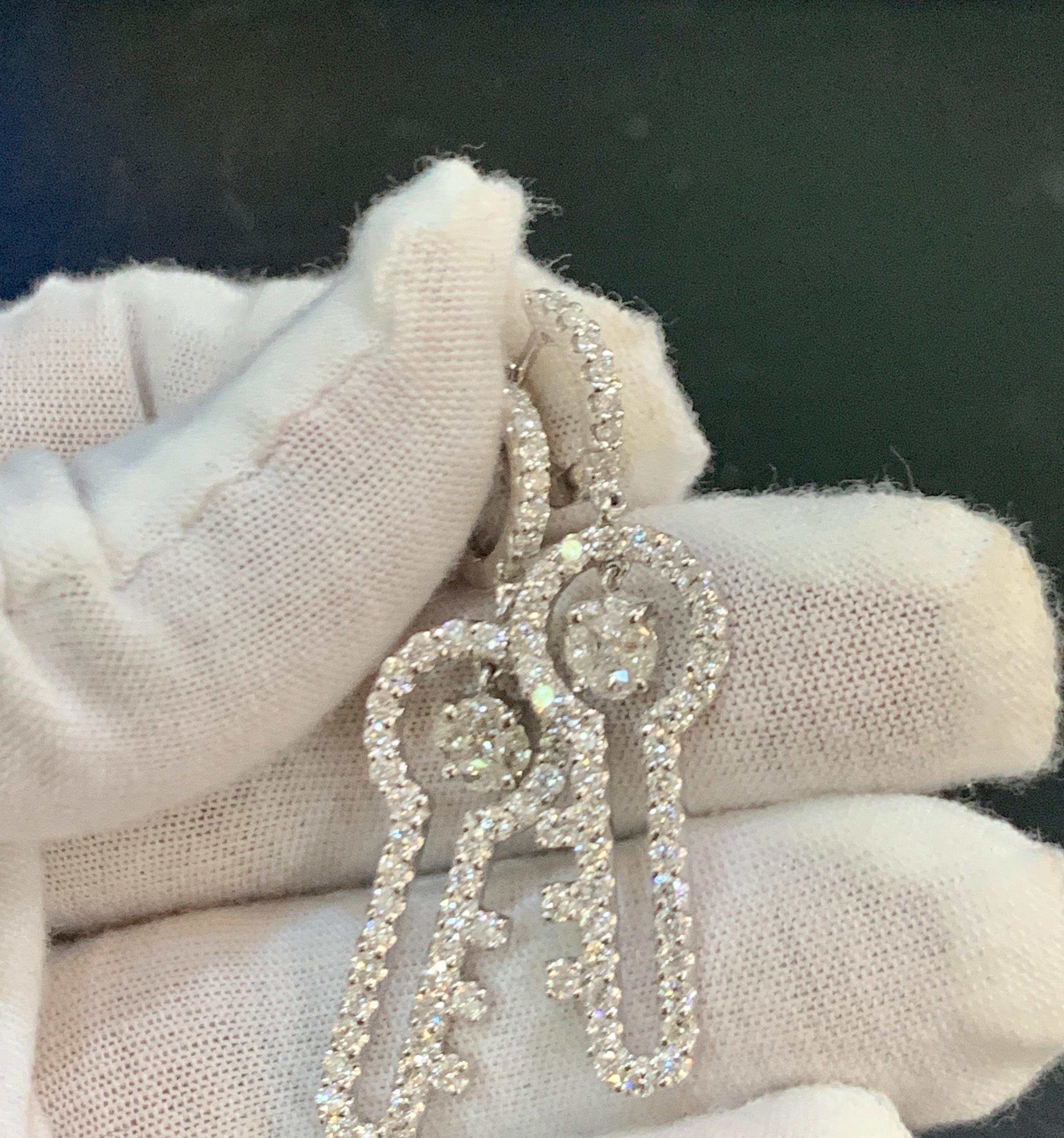 3.2 Ct Diamond Drop Cocktail Key Shape Earrings in 14 Karat White Gold 8 Grams For Sale 1