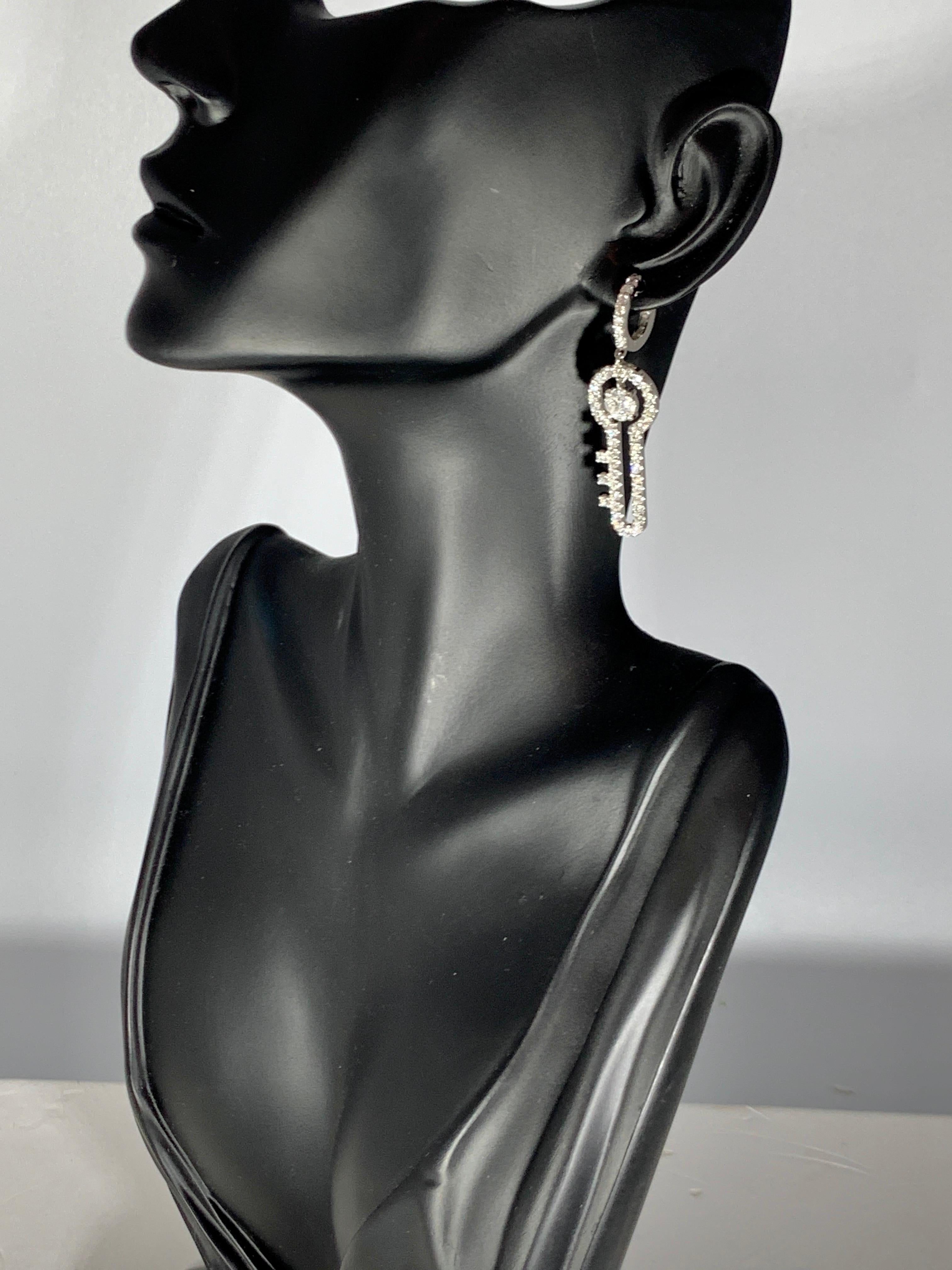 3.2 Ct Diamond Drop Cocktail Key Shape Earrings in 14 Karat White Gold 8 Grams For Sale 2