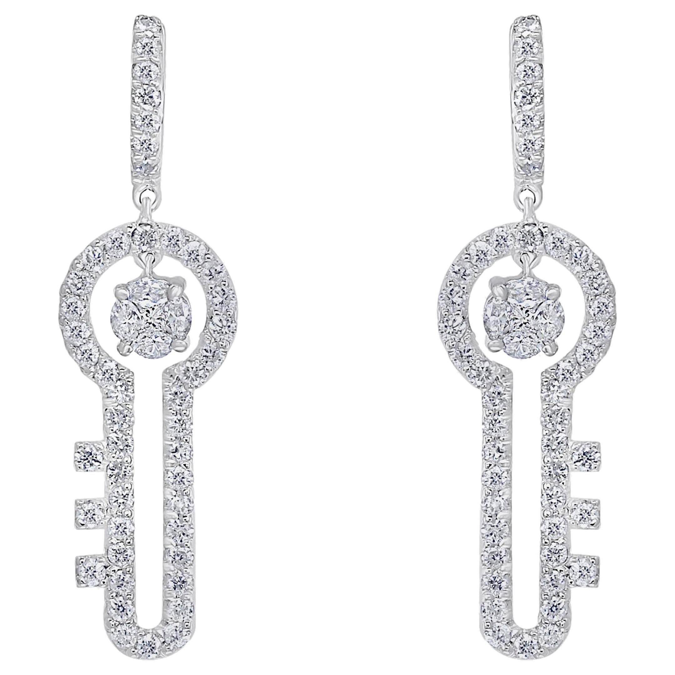 3.2 Ct Diamond Drop Cocktail Key Shape Earrings in 14 Karat White Gold 8 Grams For Sale