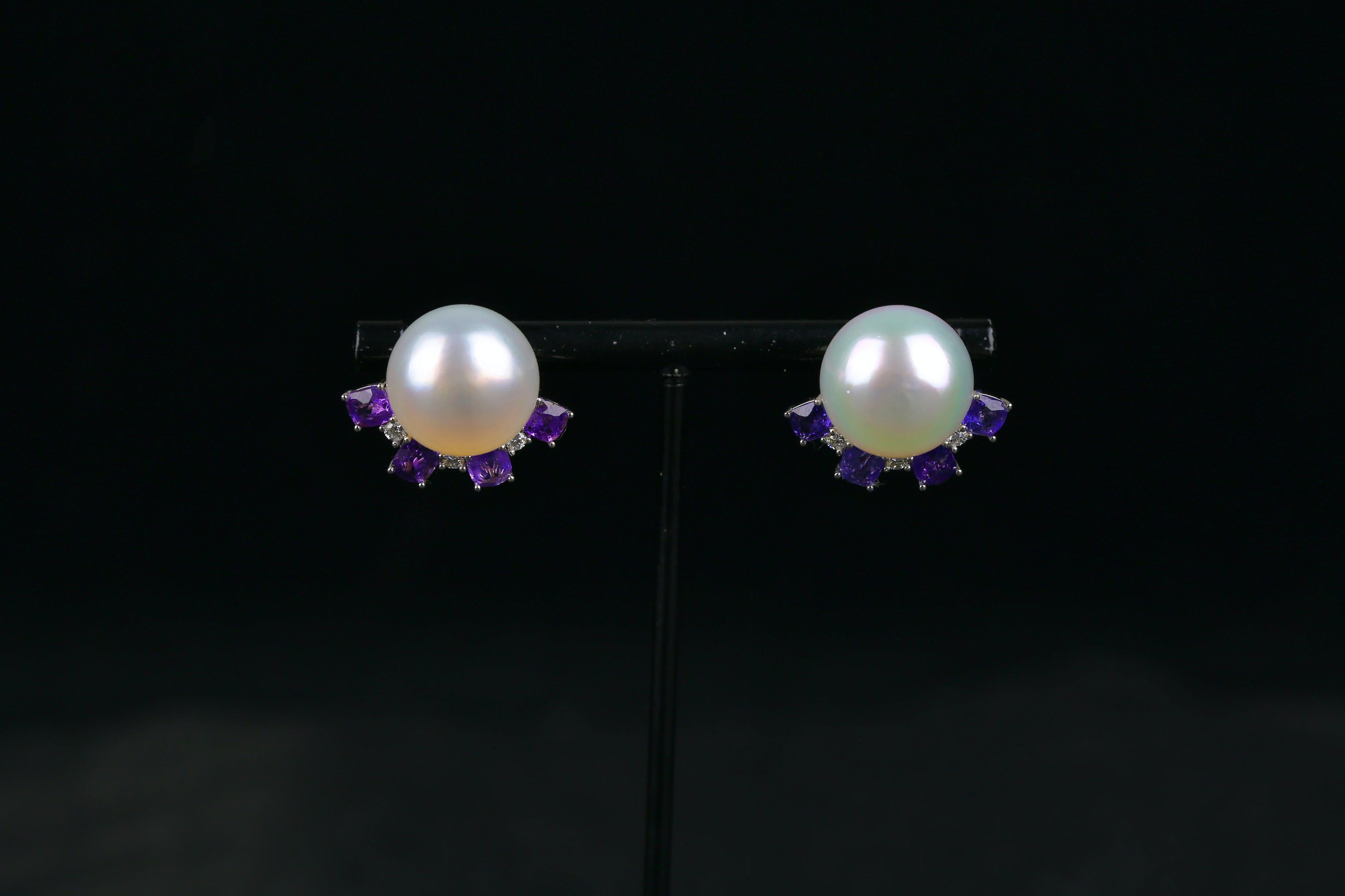 Contemporary 3.2 Ct Purple Sapphire, South Sea Pearl and Diamond Earring in 18k White Gold