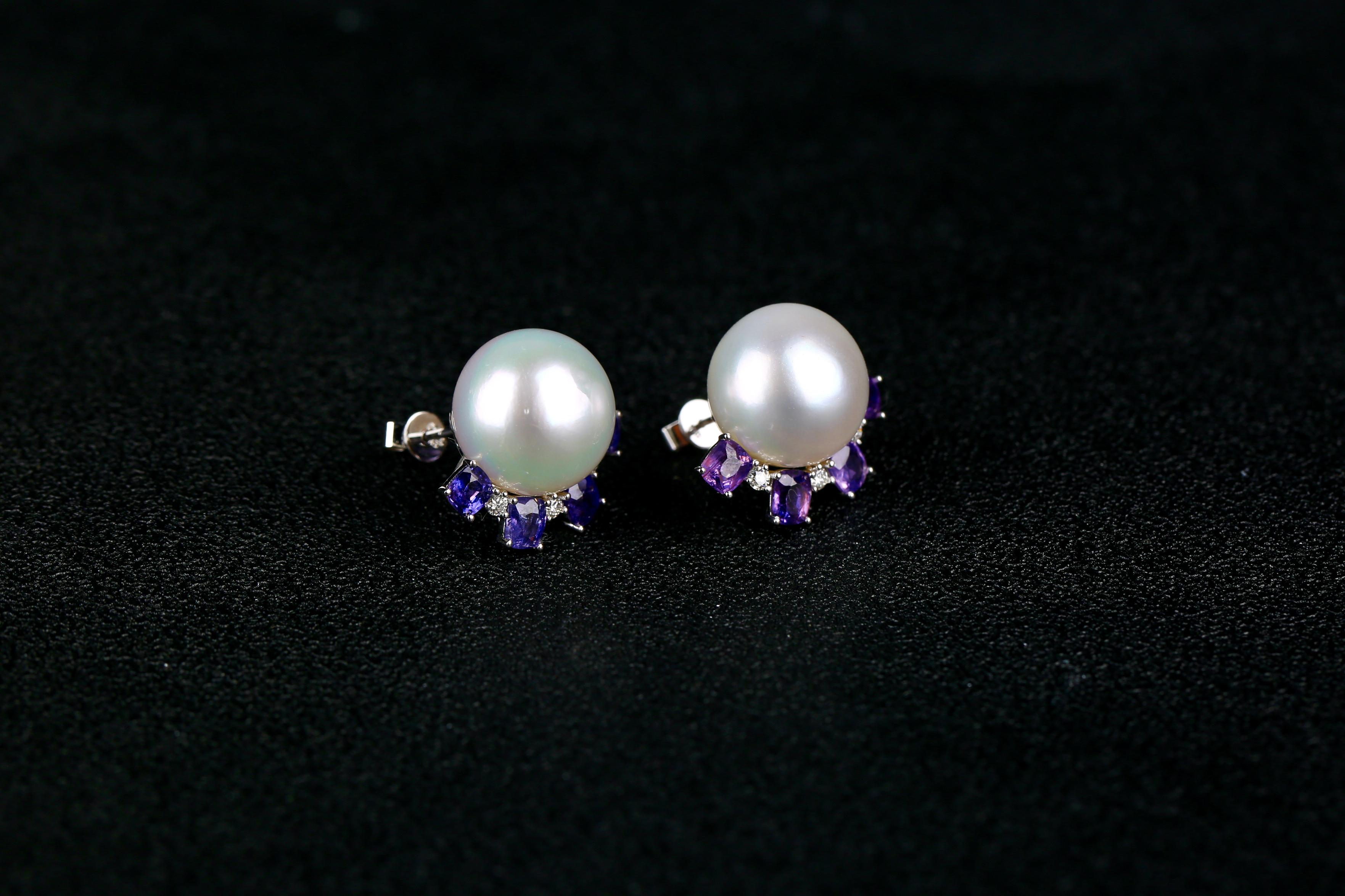 Brilliant Cut 3.2 Ct Purple Sapphire, South Sea Pearl and Diamond Earring in 18k White Gold