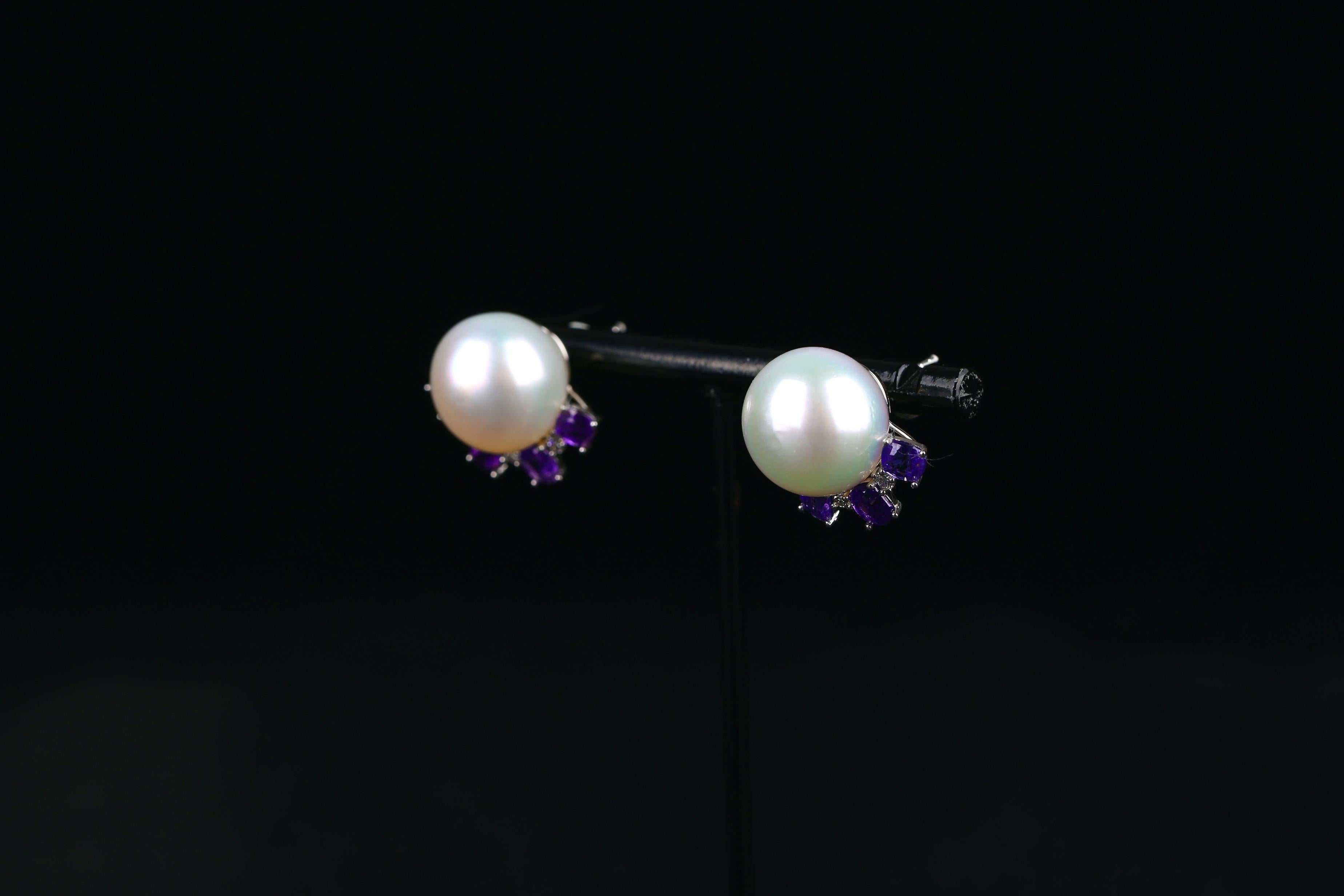 3.2 Ct Purple Sapphire, South Sea Pearl and Diamond Earring in 18k White Gold In New Condition In Melbourne, AU