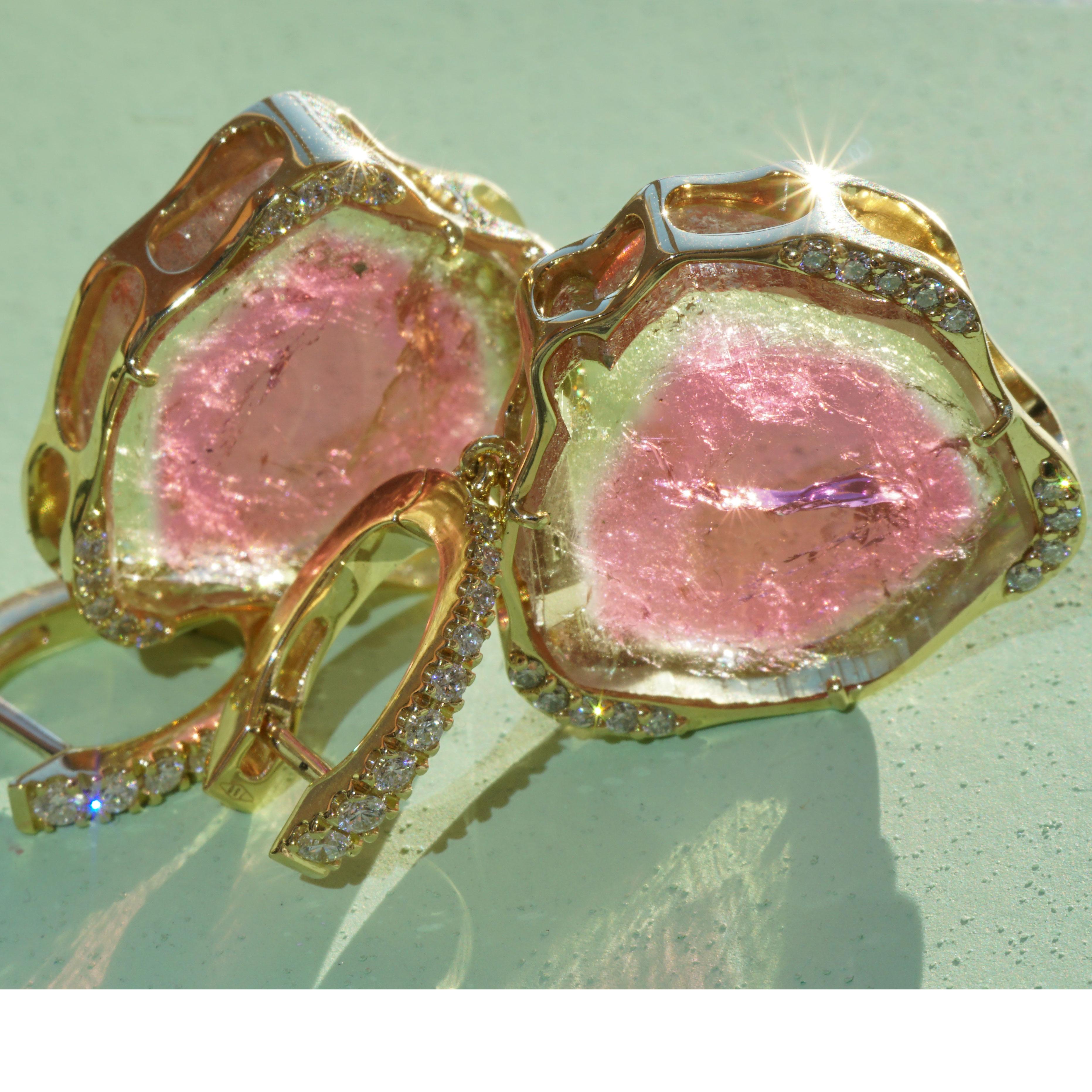 from the Exclusive Edition Valenza...handmade in a traditional Italian goldsmith, 2 fine Afghan watermelon tourmaline crystal slices totaling approx. 31.97 ct, incredibly beautiful transparency and luminosity with natural. Inclusions, in the colors