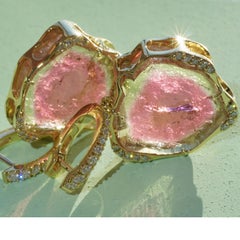 32 ct Watermelon Tourmaline Brilliant Earrings 0.45 ct TW VS  Goldsmith Work