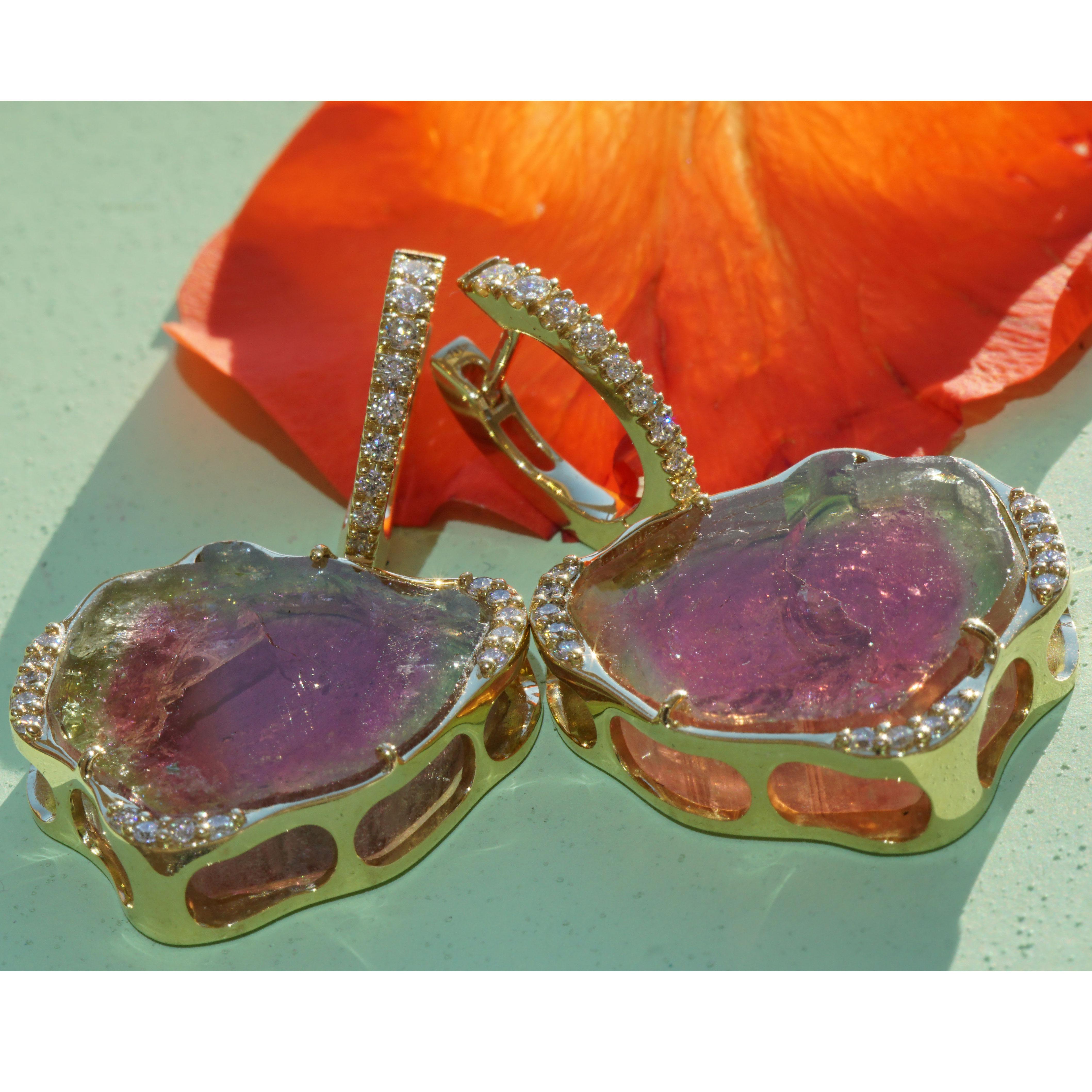 Modern 32 ct Watermelon Tourmaline Brilliant Earrings 0.45 ct TW VS  Goldsmith Work For Sale
