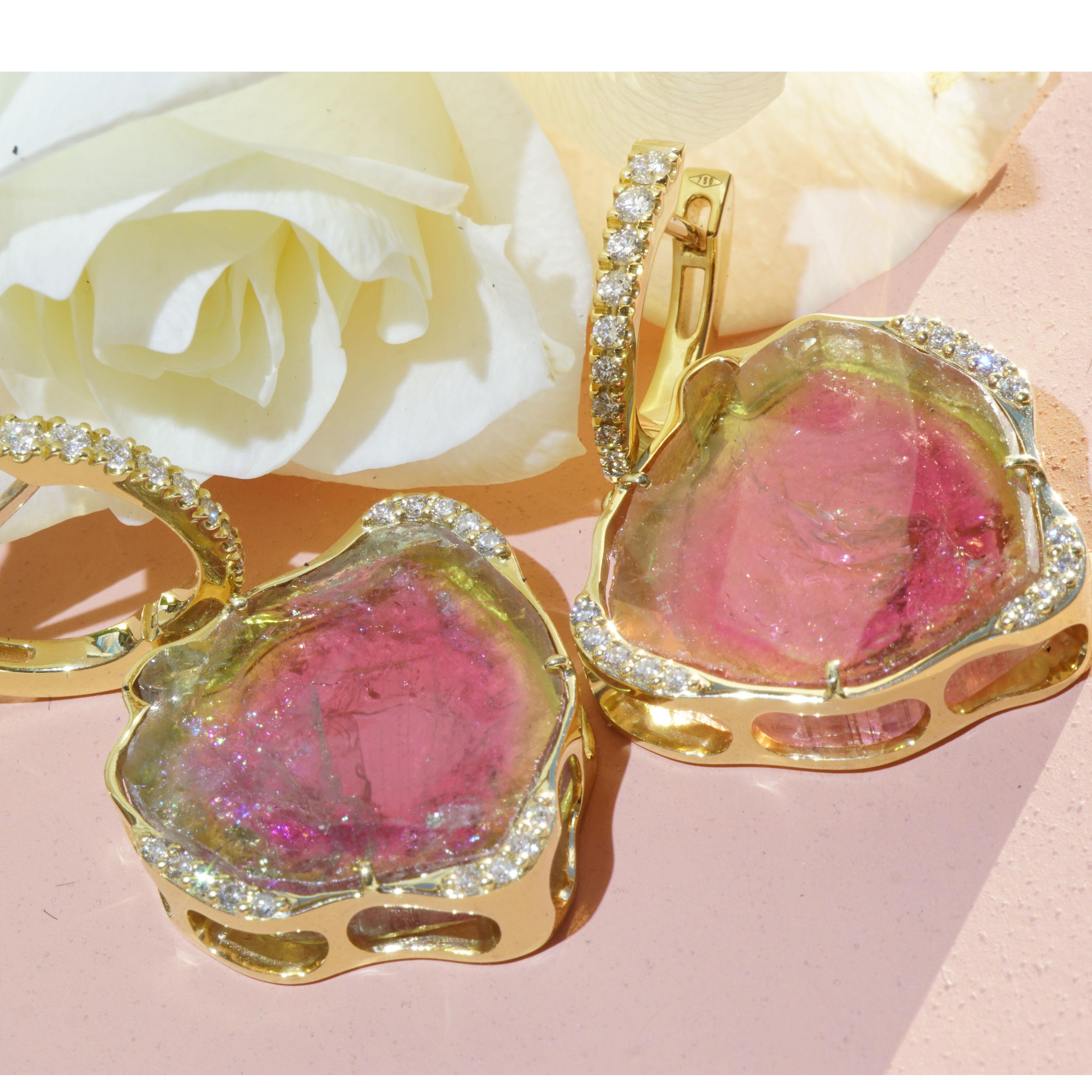 Women's or Men's 32 ct Watermelon Tourmaline Brilliant Earrings 0.45 ct TW VS  Goldsmith Work For Sale