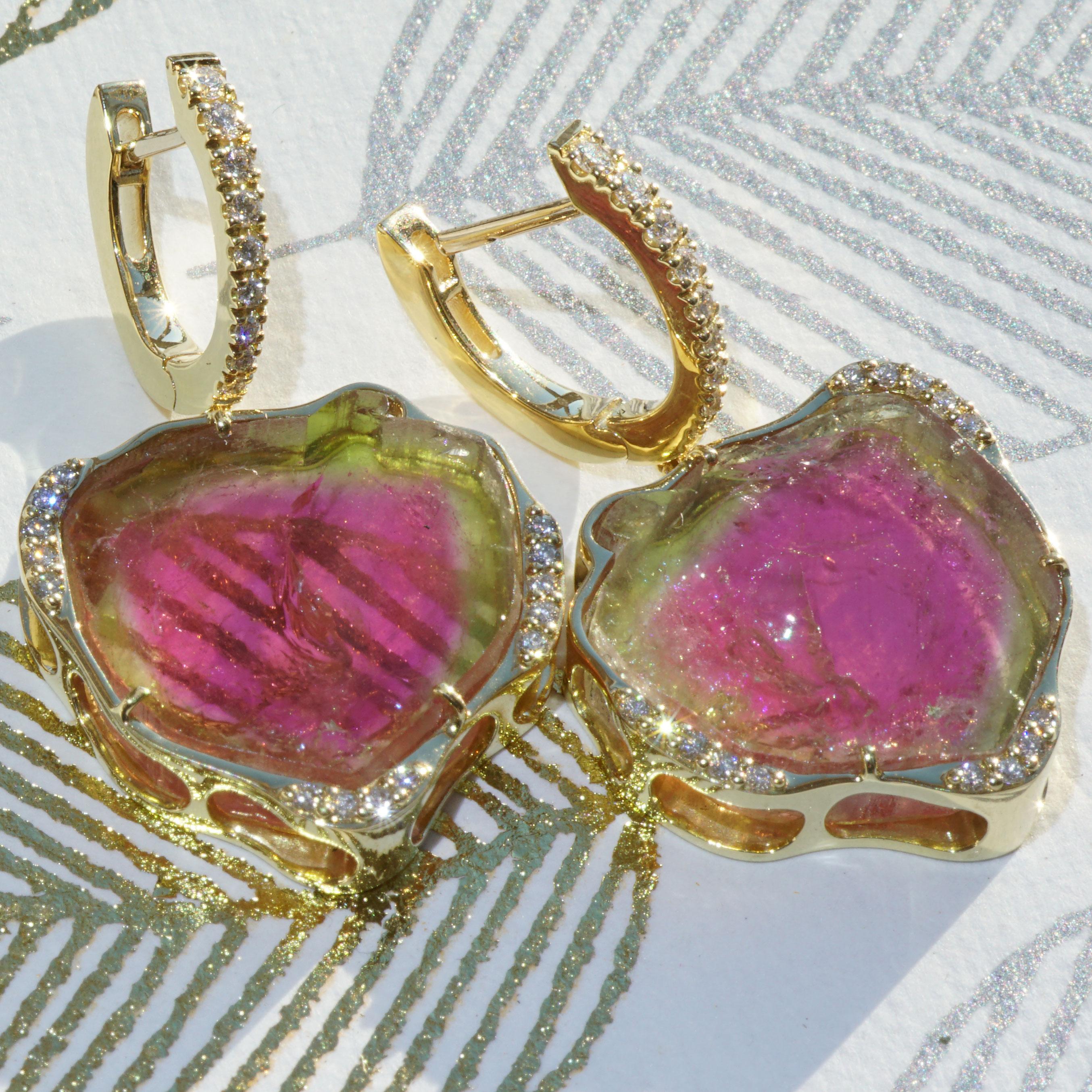 32 ct Watermelon Tourmaline Brilliant Earrings 0.45 ct TW VS  Goldsmith Work For Sale 1