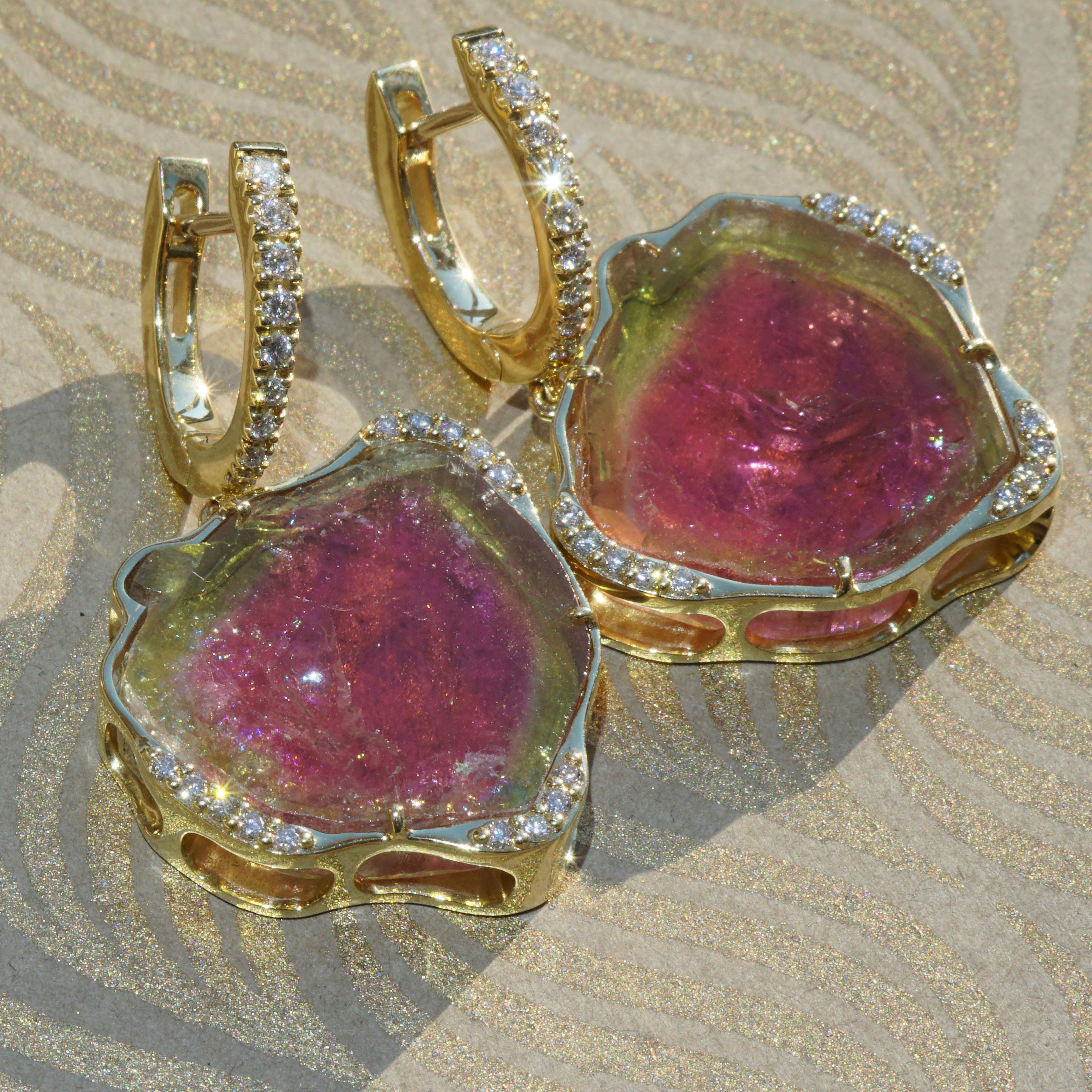 32 ct Watermelon Tourmaline Brilliant Earrings 0.45 ct TW VS  Goldsmith Work For Sale 2