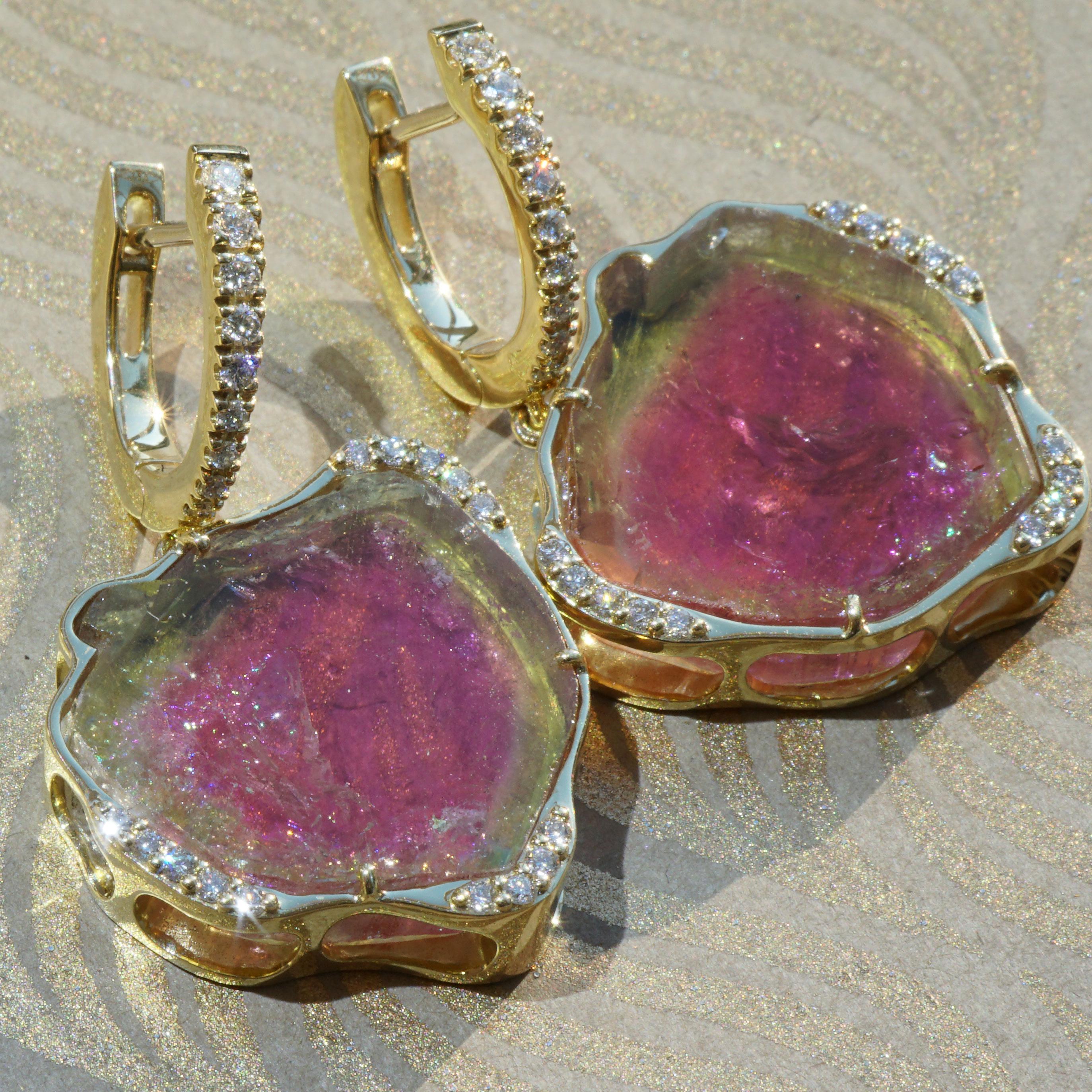 32 ct Watermelon Tourmaline Brilliant Earrings 0.45 ct TW VS  Goldsmith Work For Sale 3
