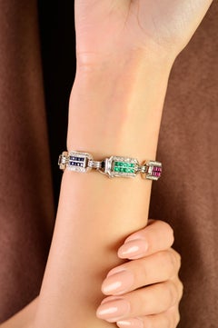 3.2 CTW Emerald Ruby Sapphire & 2.1 CTW Diamond Link Bracelet in 14K White Gold