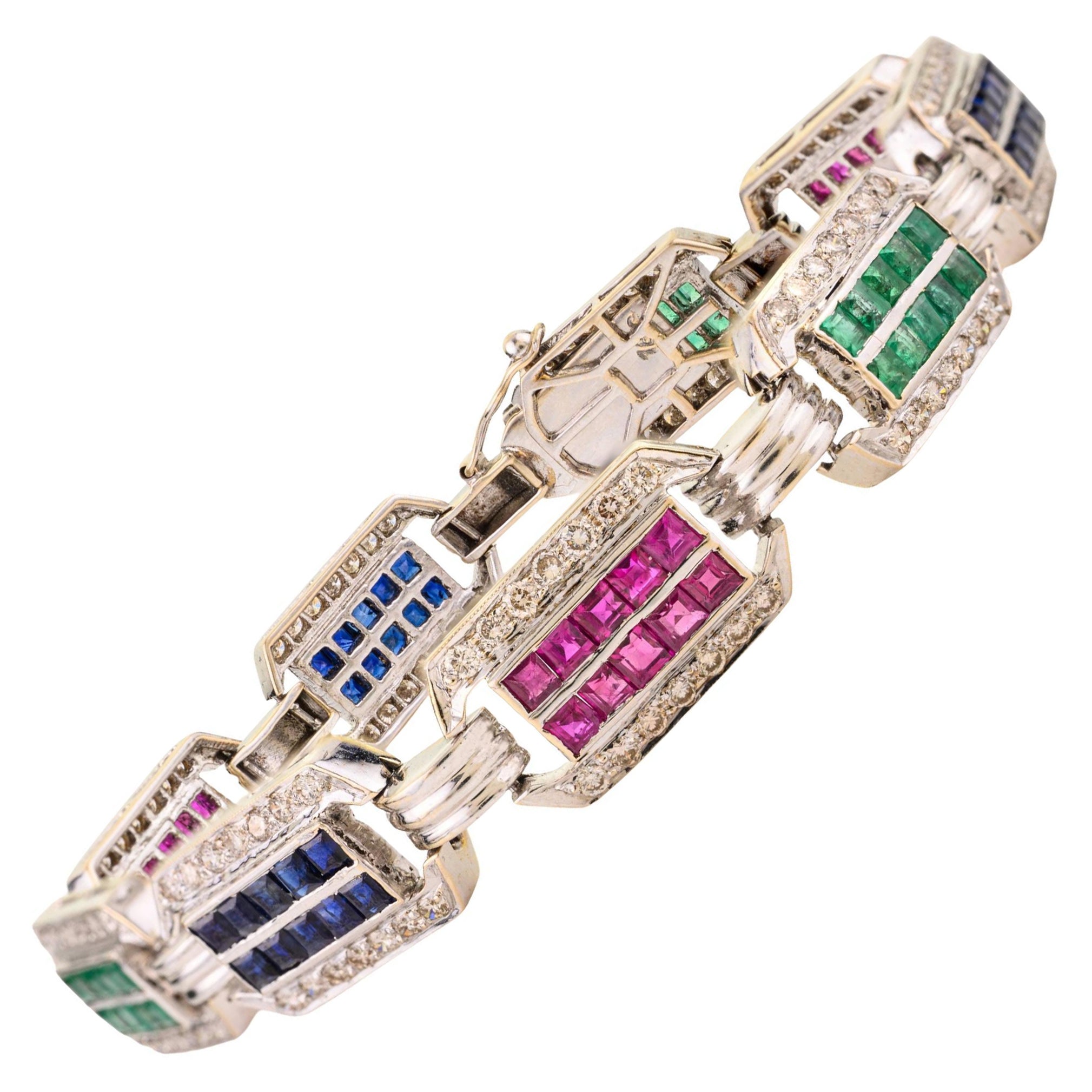 3,2 CTW Smaragd-Rubin-Saphir 
2,1 CTW Diamant A Link Armband aus 14K Weißgold im Angebot