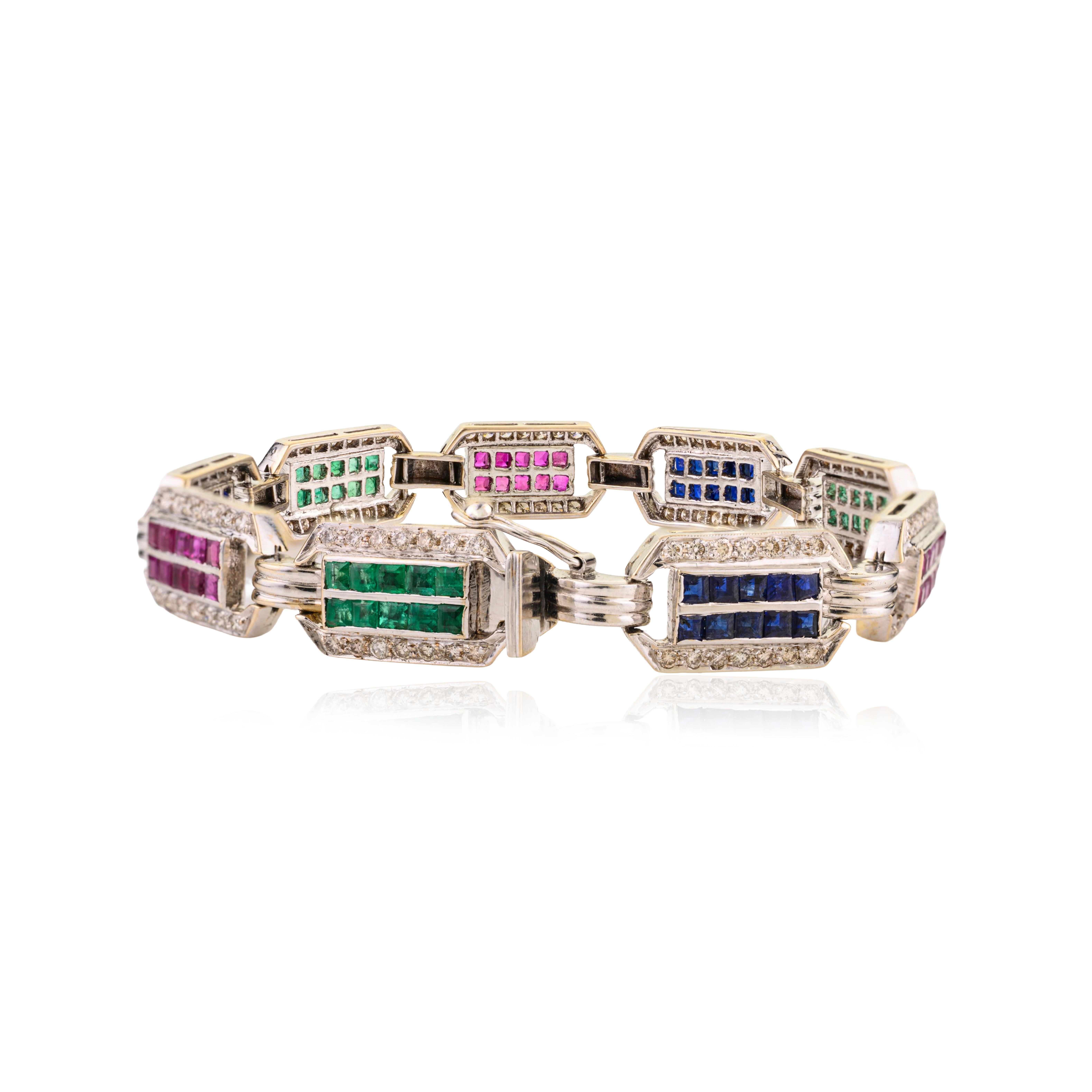 3.2 CTW Emerald Ruby Sapphire and 2.1 CTW Diamond Link Bracelet in 18K ...