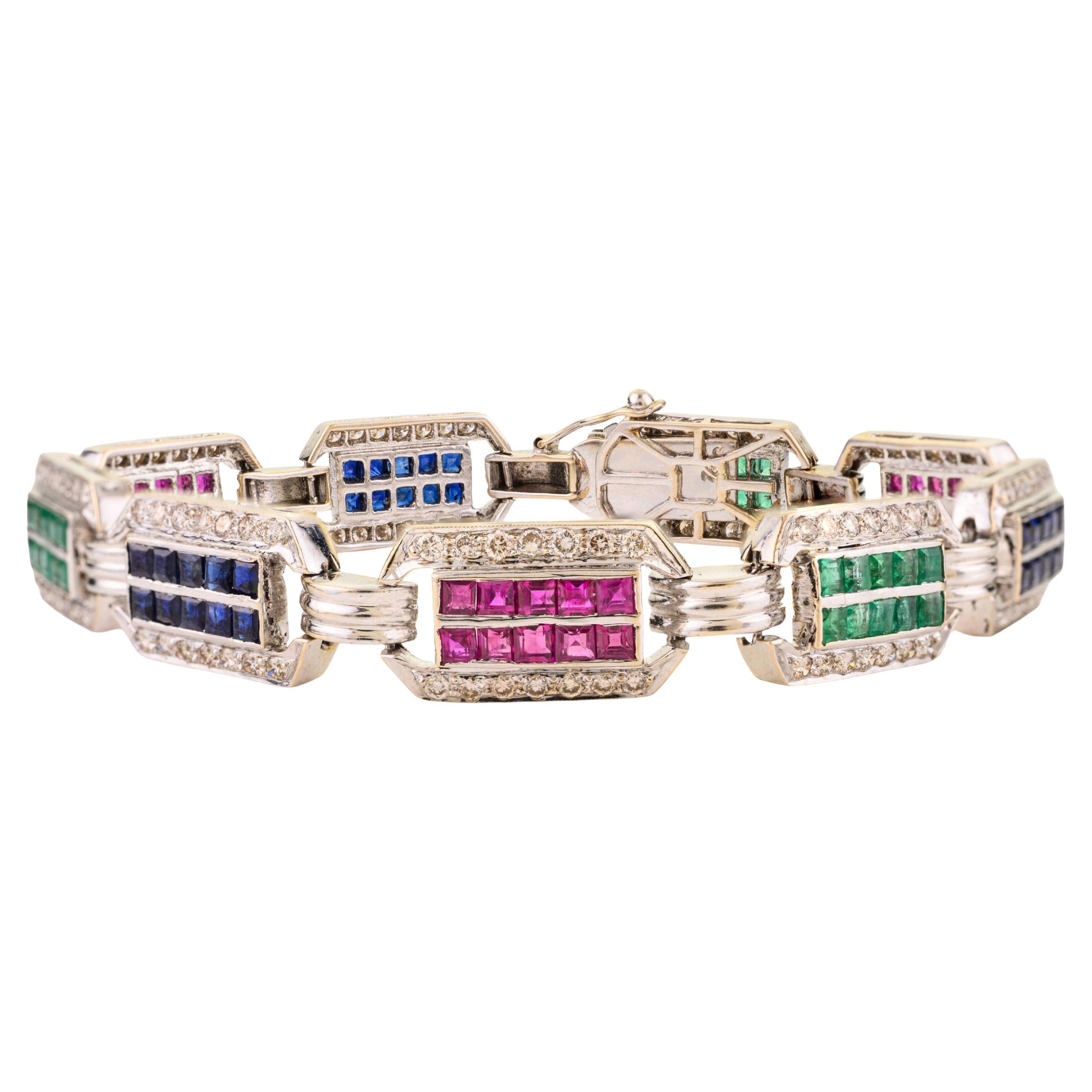 3.2 CTW Emerald Ruby Sapphire 
2.1 CTW Diamond Link Bracelet in 18K White Gold For Sale
