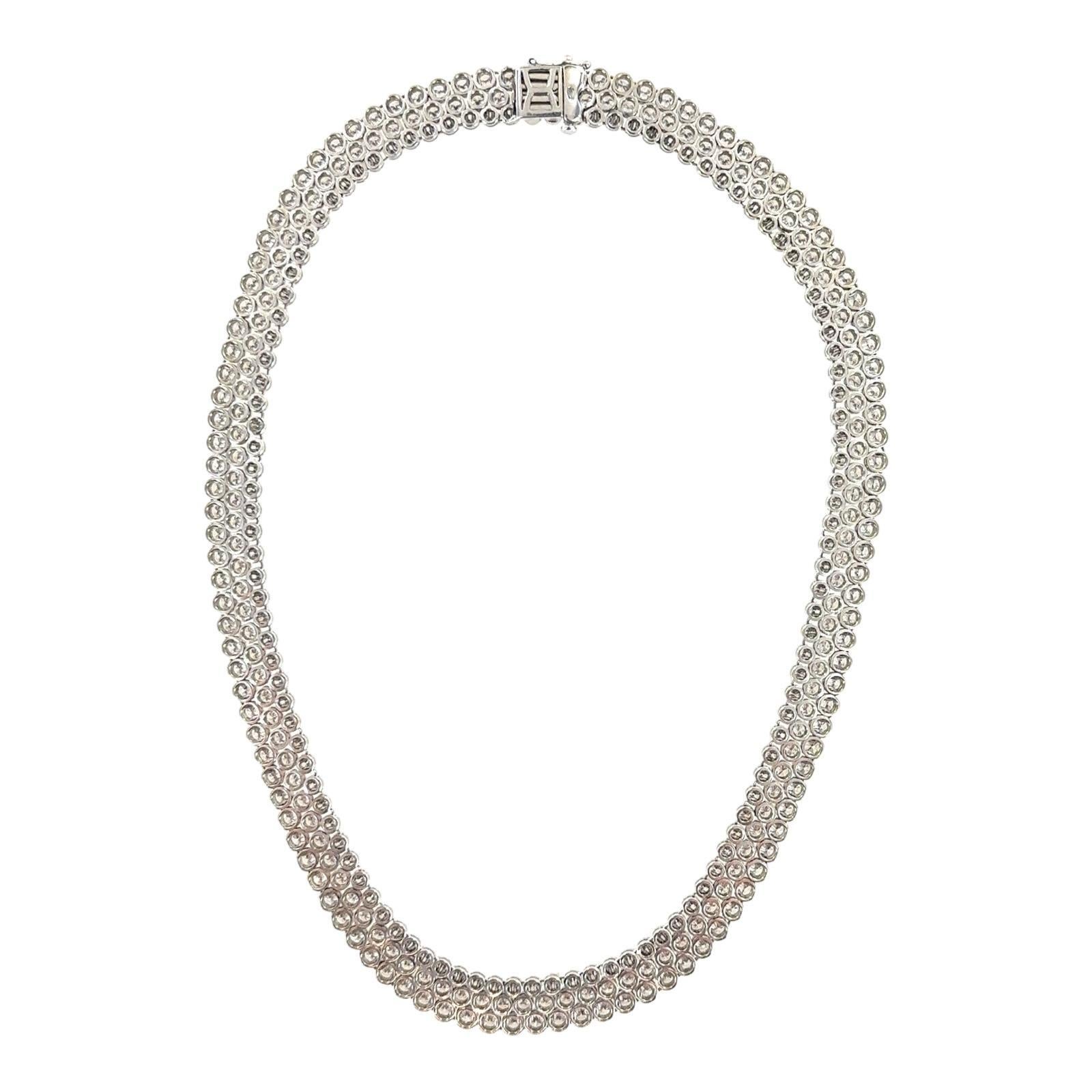 Round Cut 32 CTW Round Brilliant Diamond Three Row 18 Karat White Gold Bezel Set Necklace For Sale