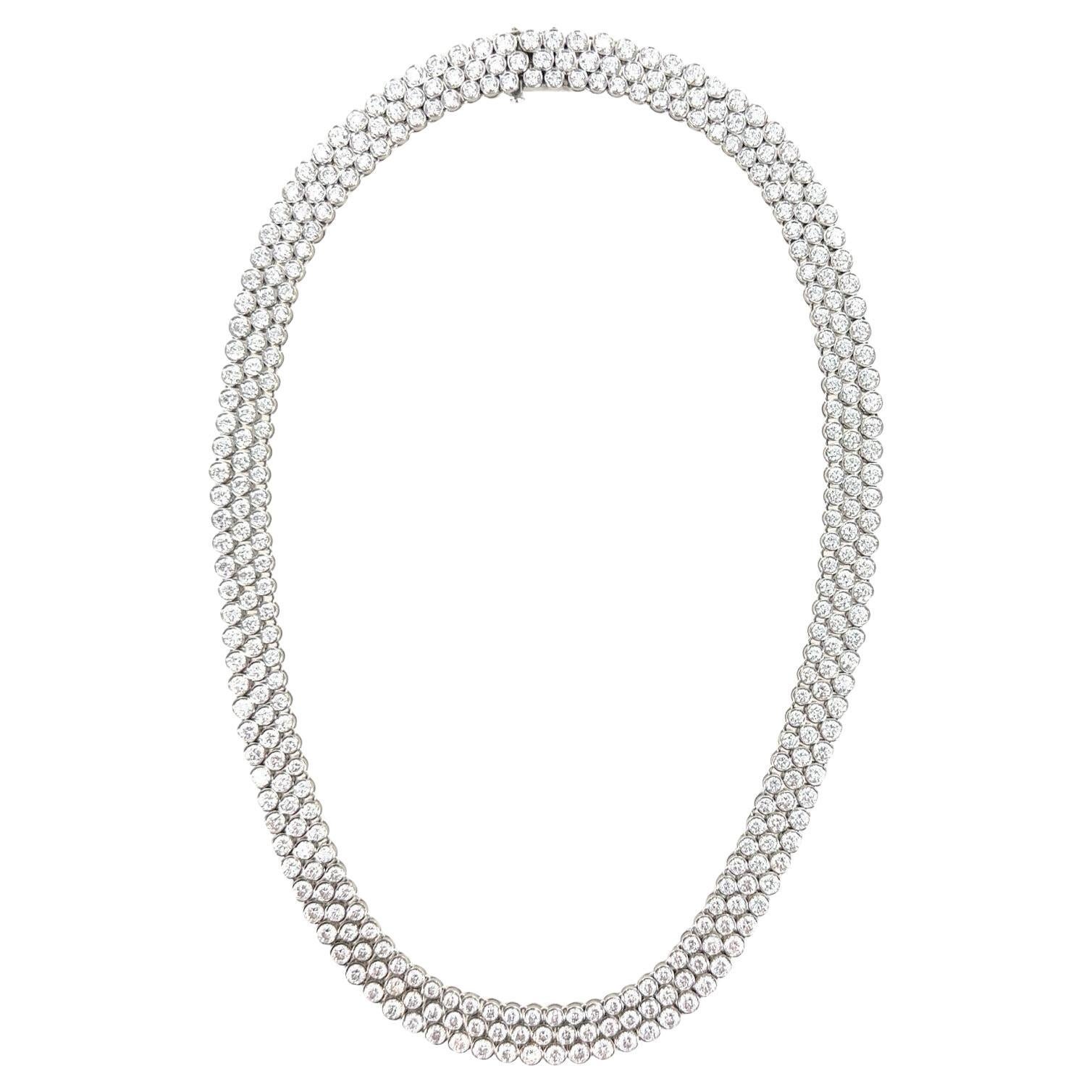 32 CTW Round Brilliant Diamond Three Row 18 Karat White Gold Bezel Set Necklace For Sale