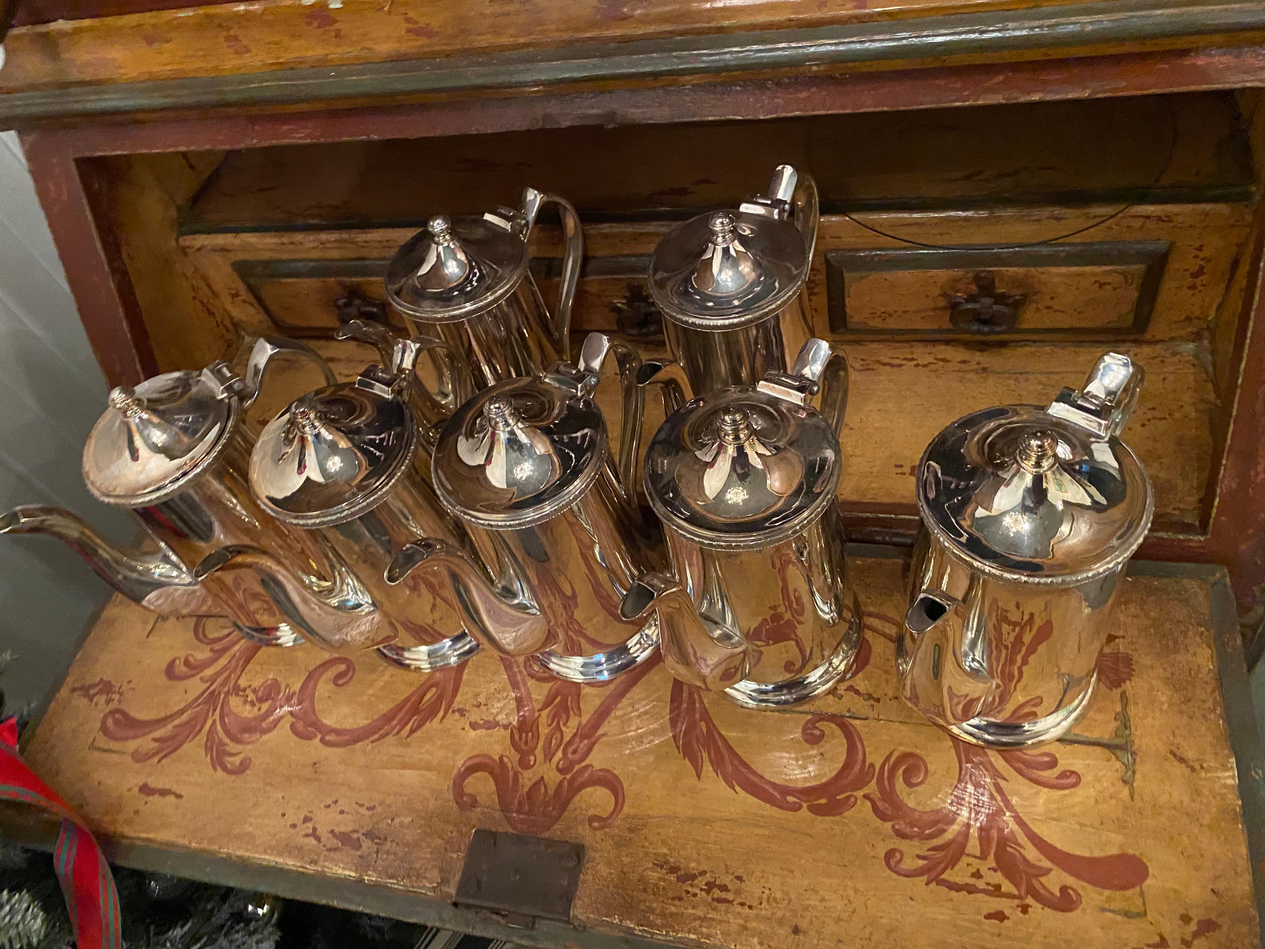 36 English Hotel Silver coffee/tea pots,Nice Weight And Quality. Priced Per Pot.  These came out of a very prestigious hotel and are in pristiine condition.  Great for decoration or use.  What a perfect vessel for flowers or watering your house