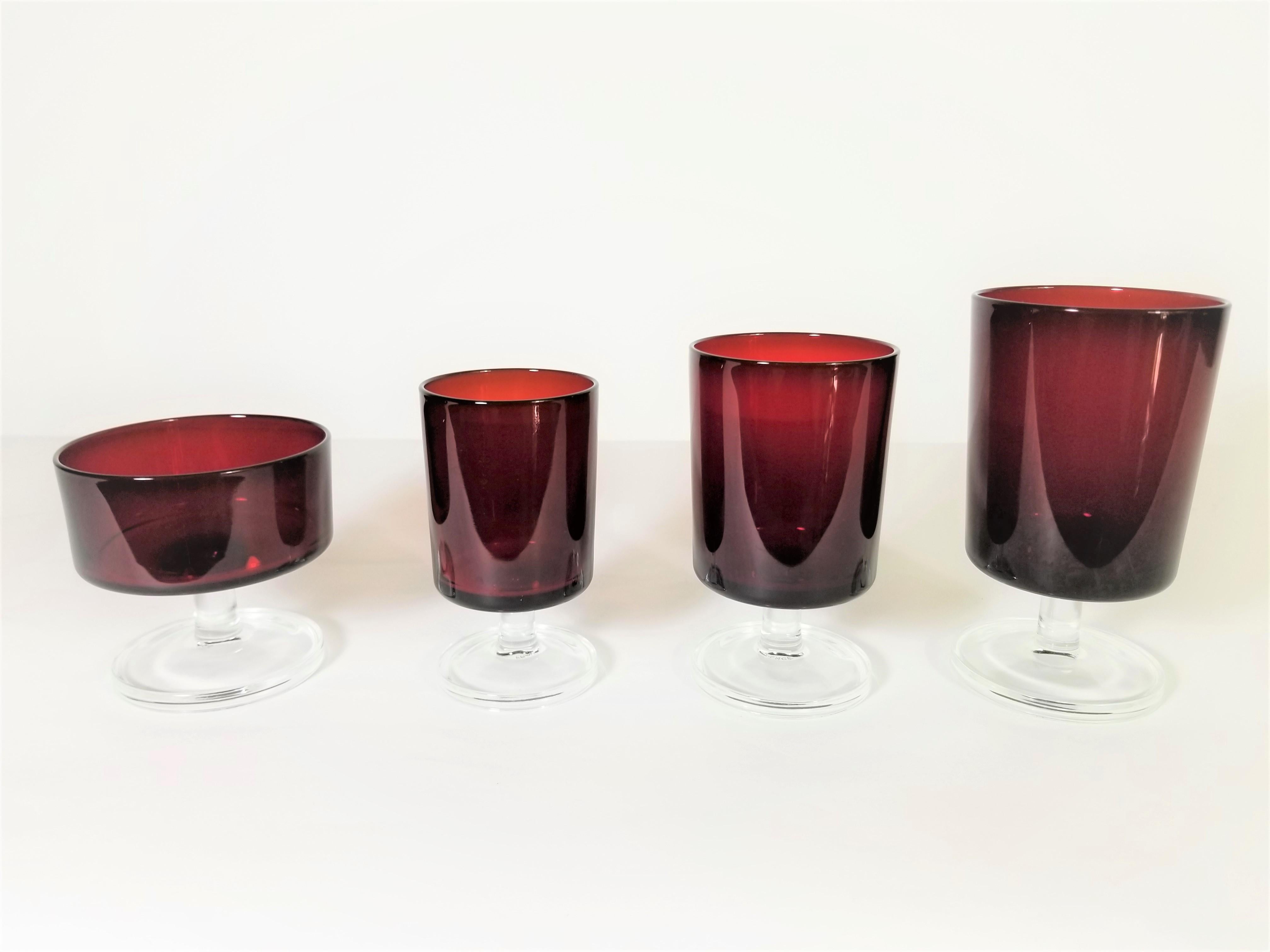 20th Century 32 French Luminarc Ruby Red Glasses / Stemware Service for 8 Made in France For Sale