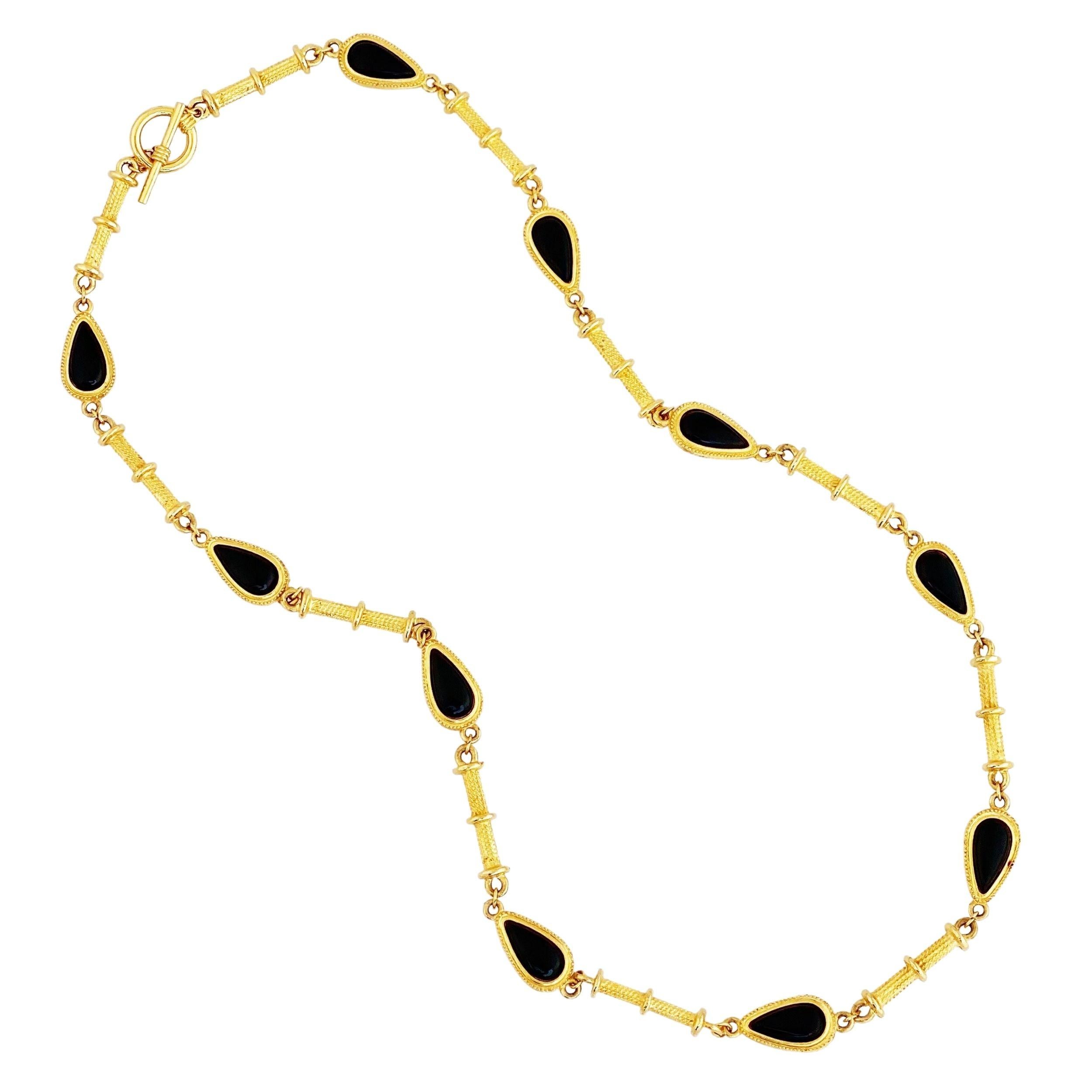 Gold Link Chain Necklace with Black Resin Teardrop Details, 1980s
