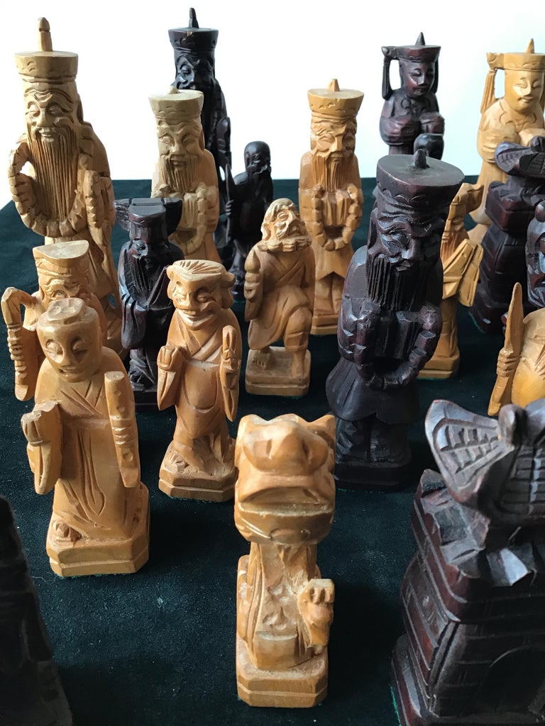 32 Hand Carved Wooden Asian Chess Pieces at 1stDibs