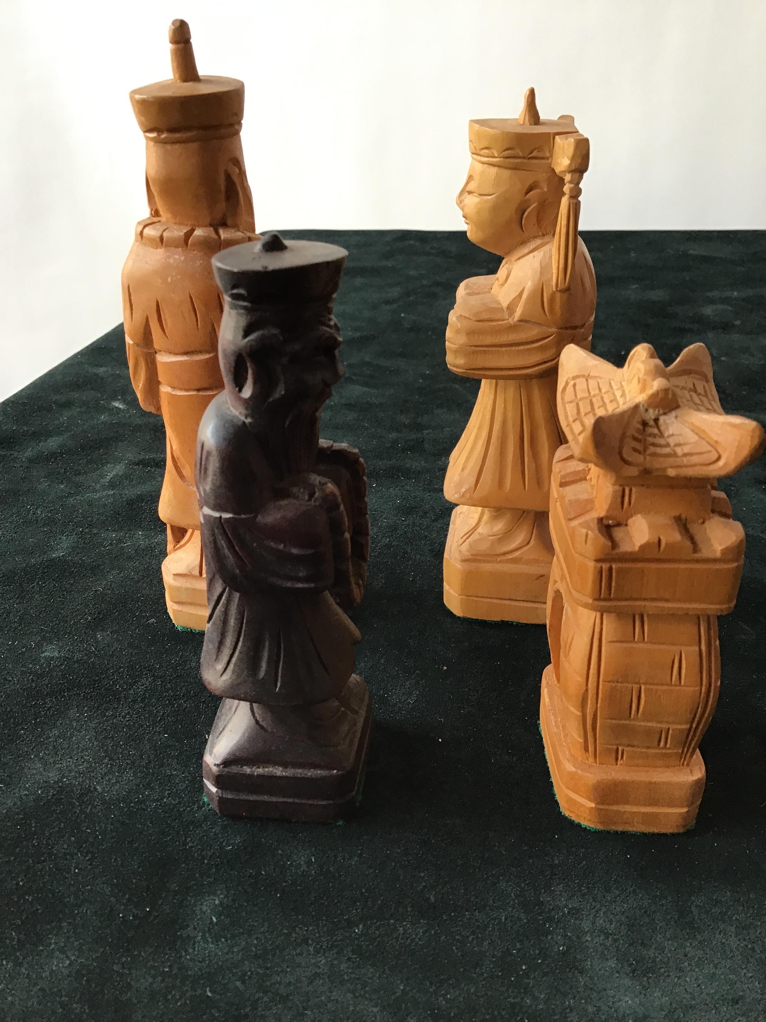 32 Hand Carved Wooden Asian Chess Pieces In Good Condition In Tarrytown, NY