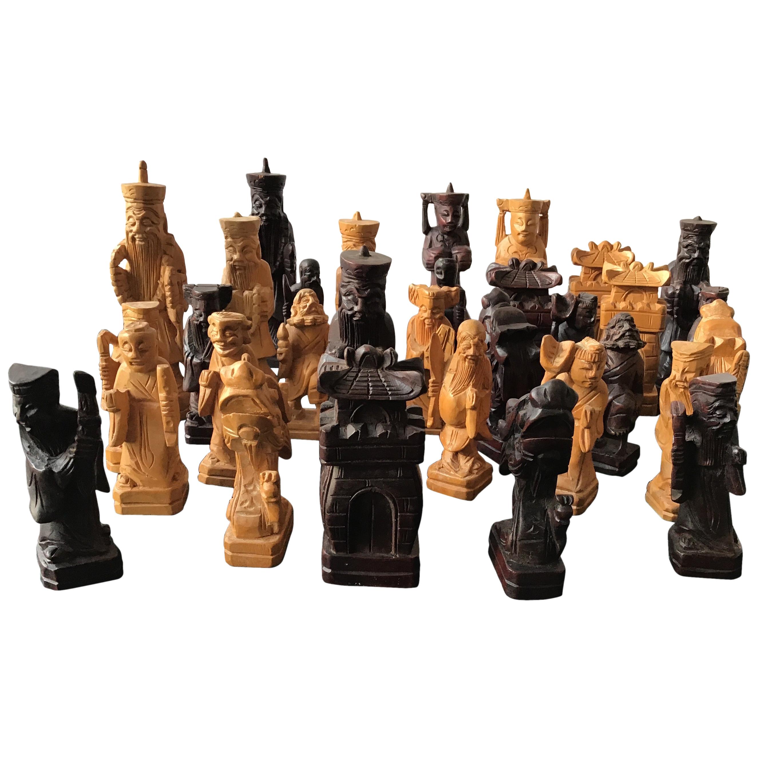 32 Hand Carved Wooden Asian Chess Pieces
