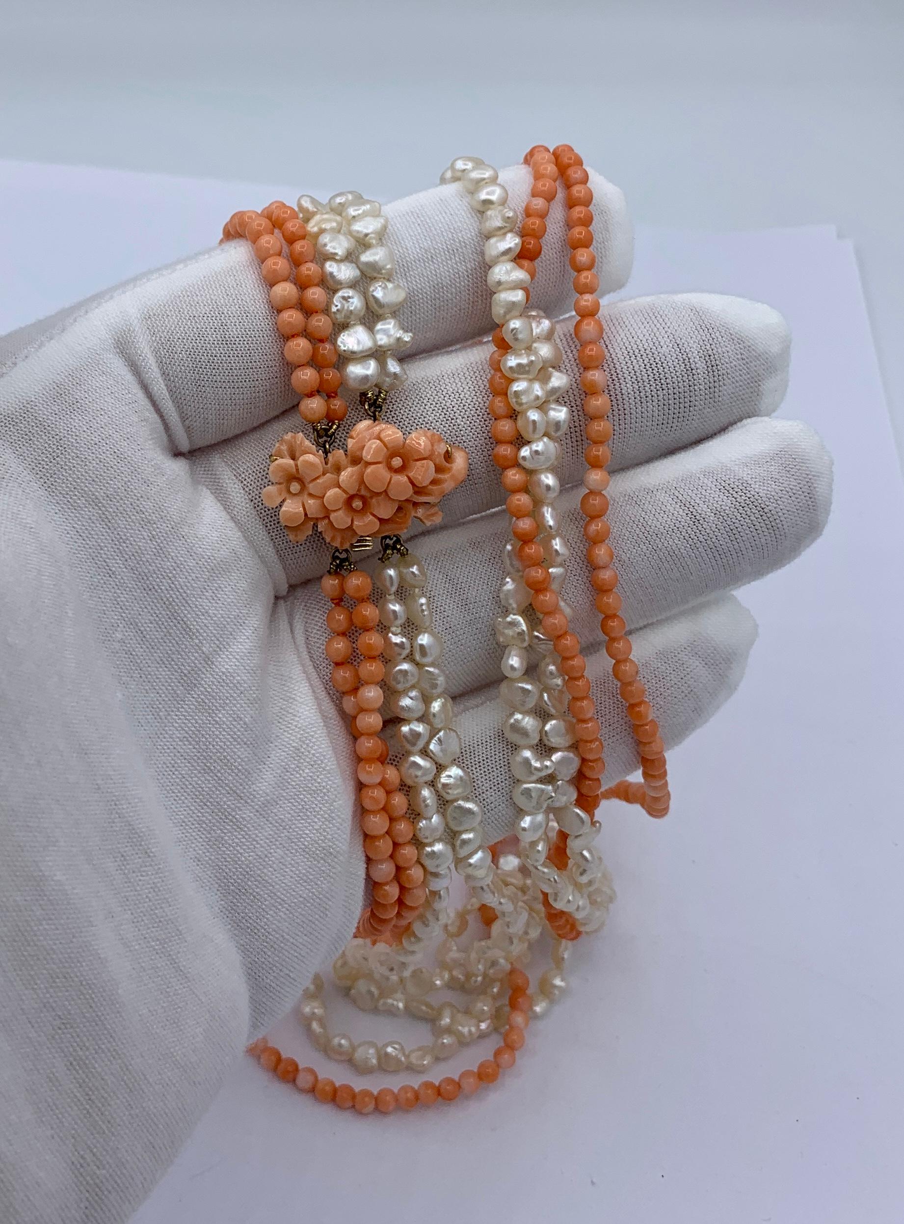 Retro 32 Inch Coral Flower Pearl Necklace 14 Karat Gold 4 Strand Hand Carved For Sale
