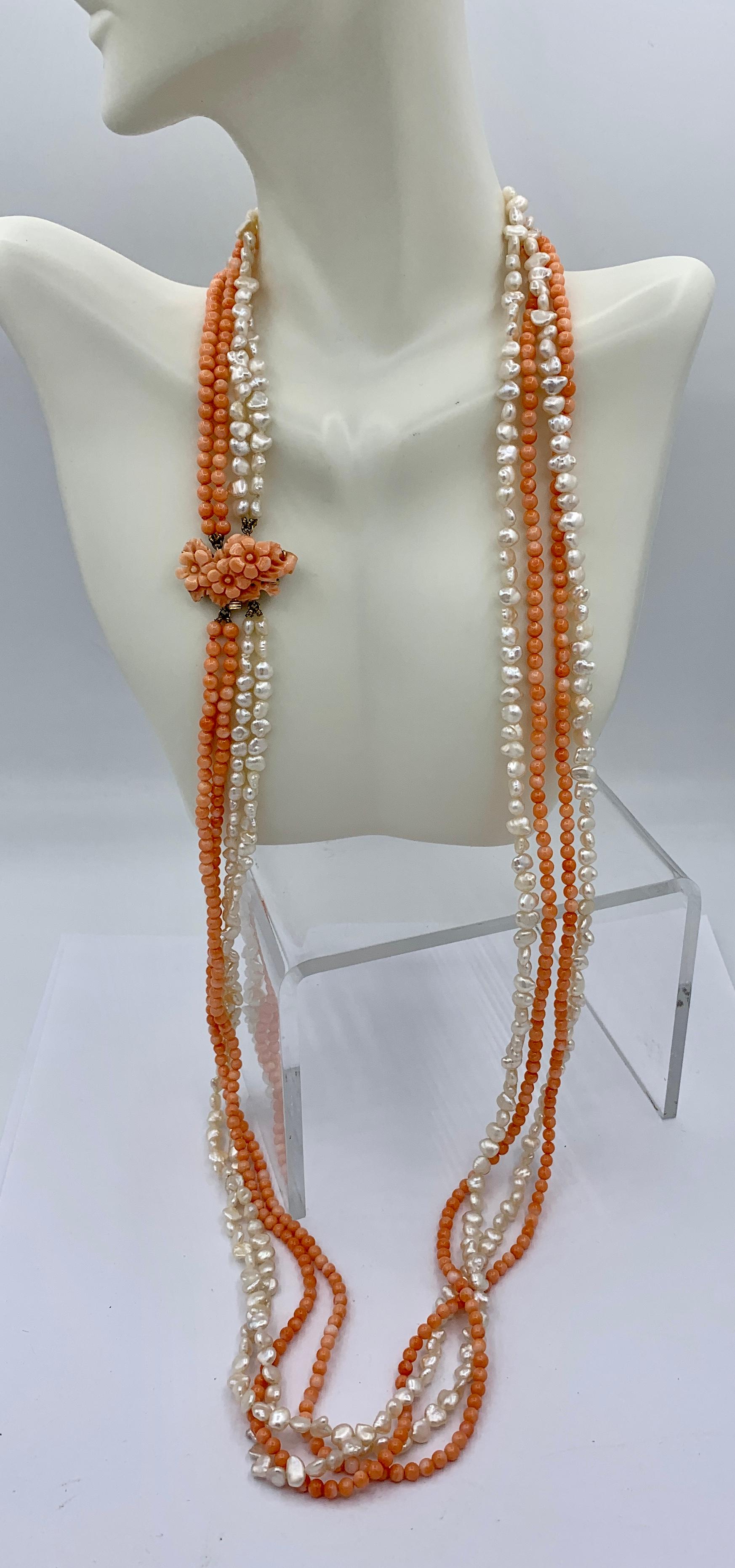 Bead 32 Inch Coral Flower Pearl Necklace 14 Karat Gold 4 Strand Hand Carved For Sale