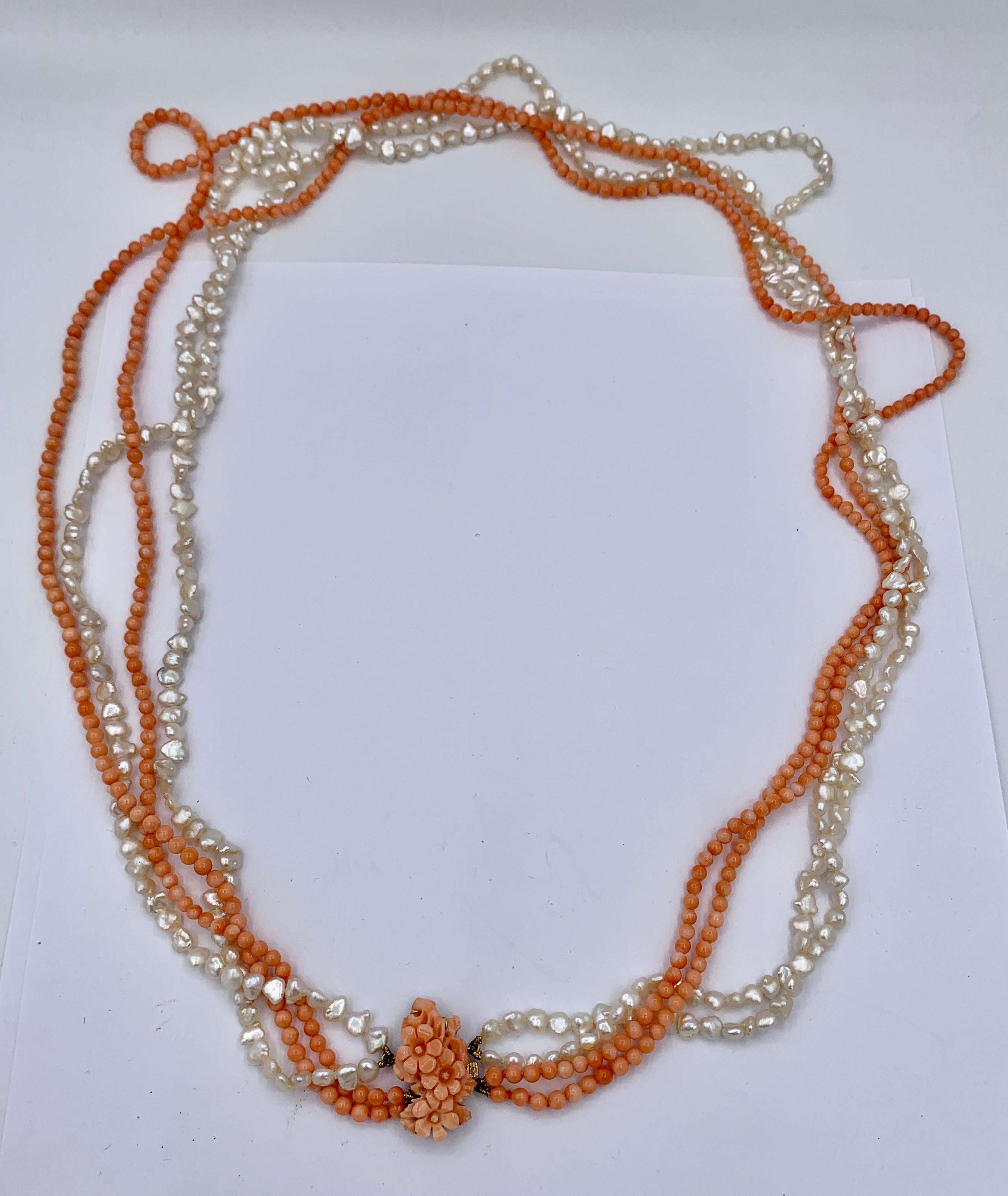 32 Inch Coral Flower Pearl Necklace 14 Karat Gold 4 Strand Hand Carved In Excellent Condition For Sale In New York, NY