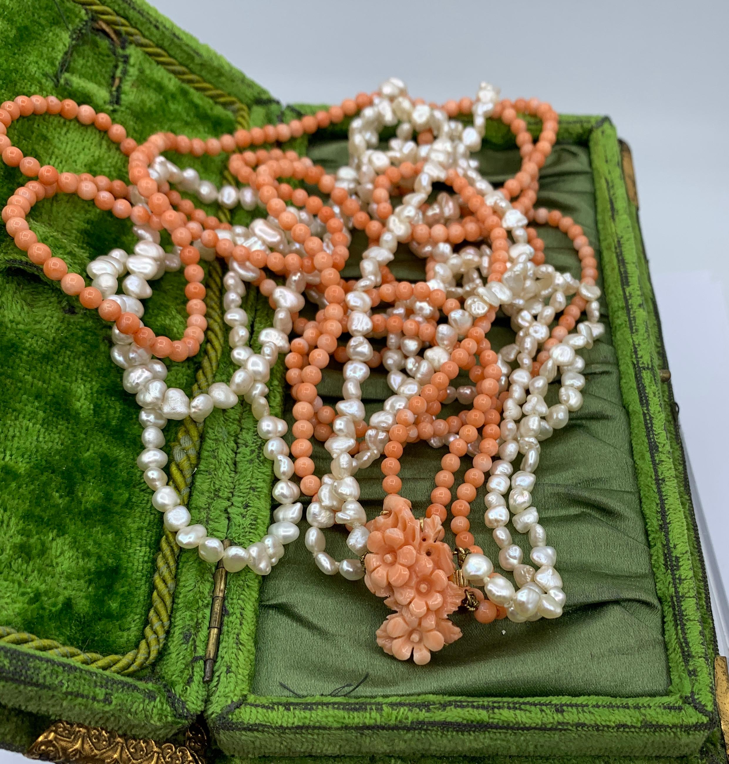Women's 32 Inch Coral Flower Pearl Necklace 14 Karat Gold 4 Strand Hand Carved For Sale