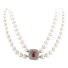 32 Inch Double Strand Cultured Pearl Necklace with Diamond Ruby Clasp