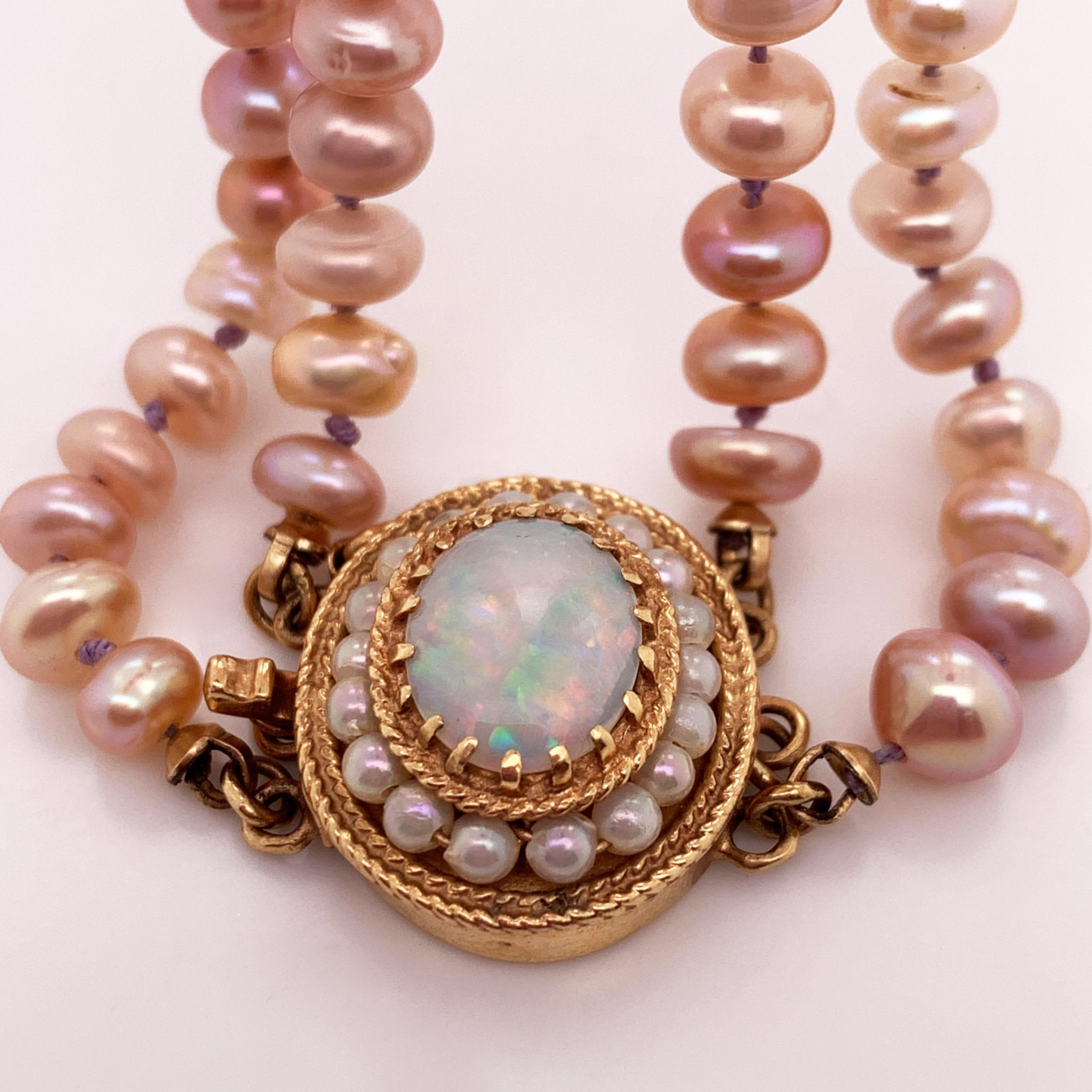 Victorian Double Strand Freshwater Pearls with 14 Karat Yellow Gold Set Opal Clasp