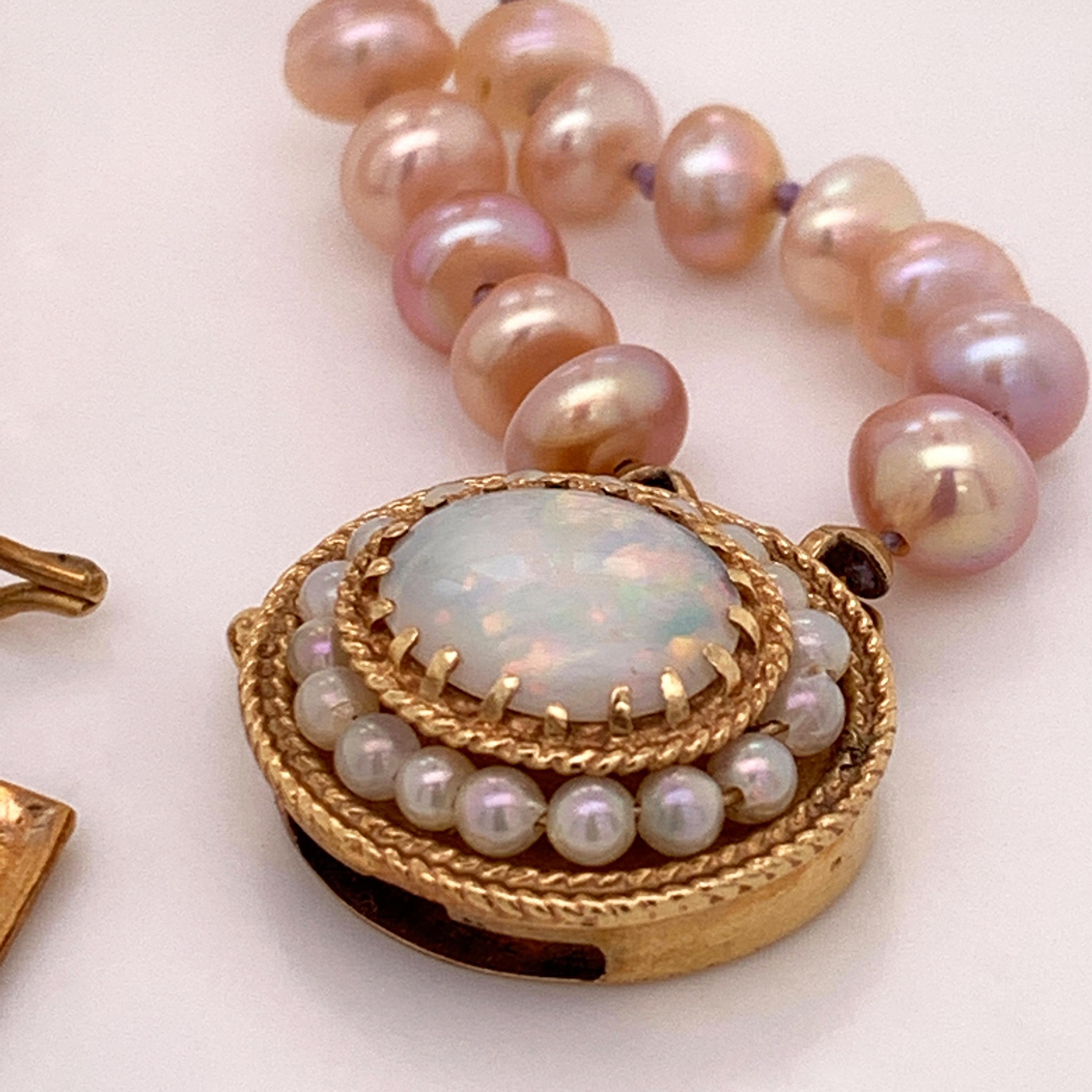 Women's or Men's Double Strand Freshwater Pearls with 14 Karat Yellow Gold Set Opal Clasp