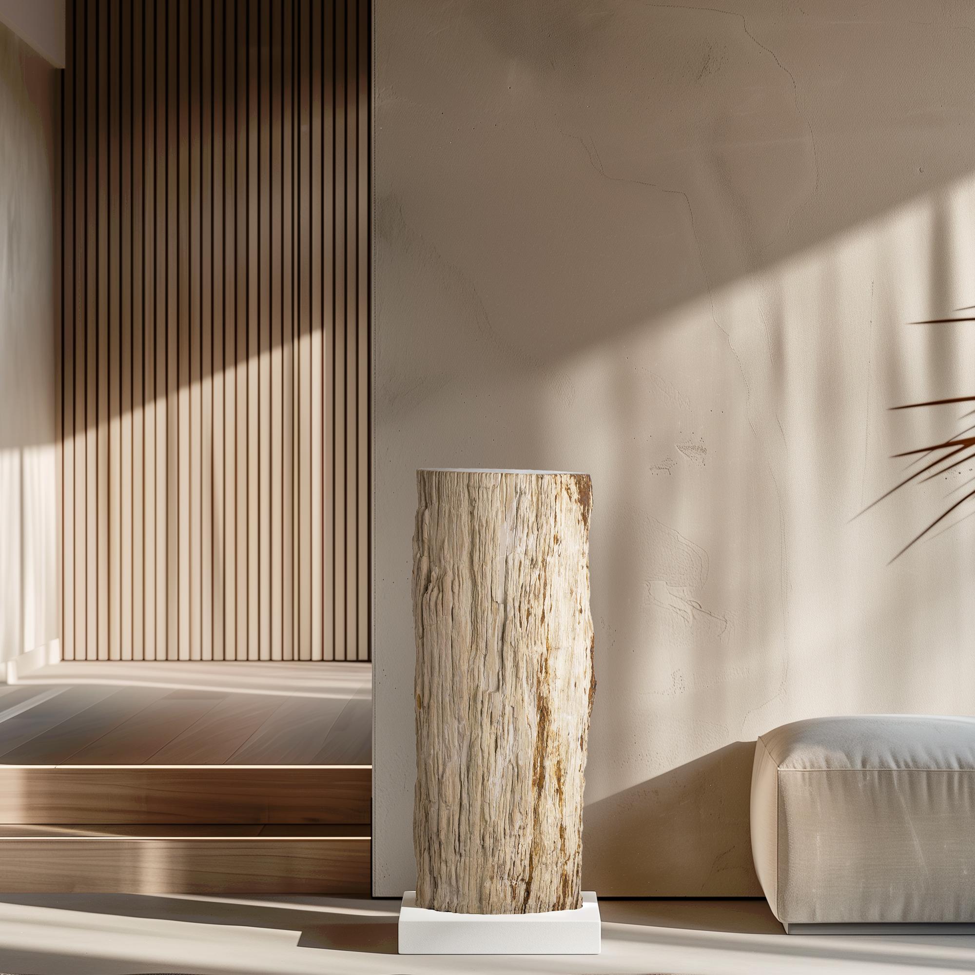 This petrified wood side table is a unique piece, featuring a tall, white pillar design that blends modern elegance with the raw beauty of nature. The polished top reveals a striking crimson pattern, adding a bold accent to its natural form.