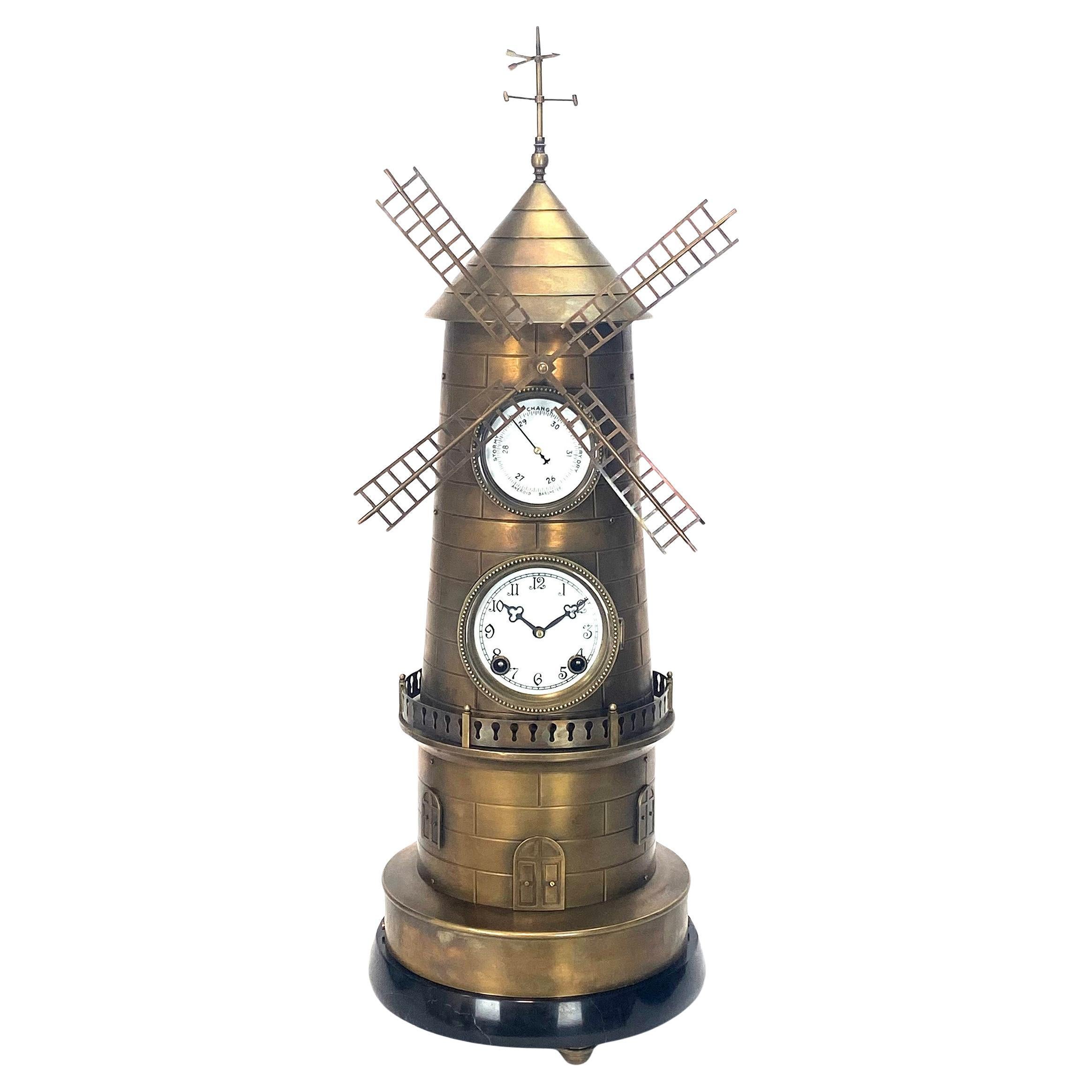 32" Large French Style 8 Day Brass Animated Spinning Windmill Industrial Clock For Sale