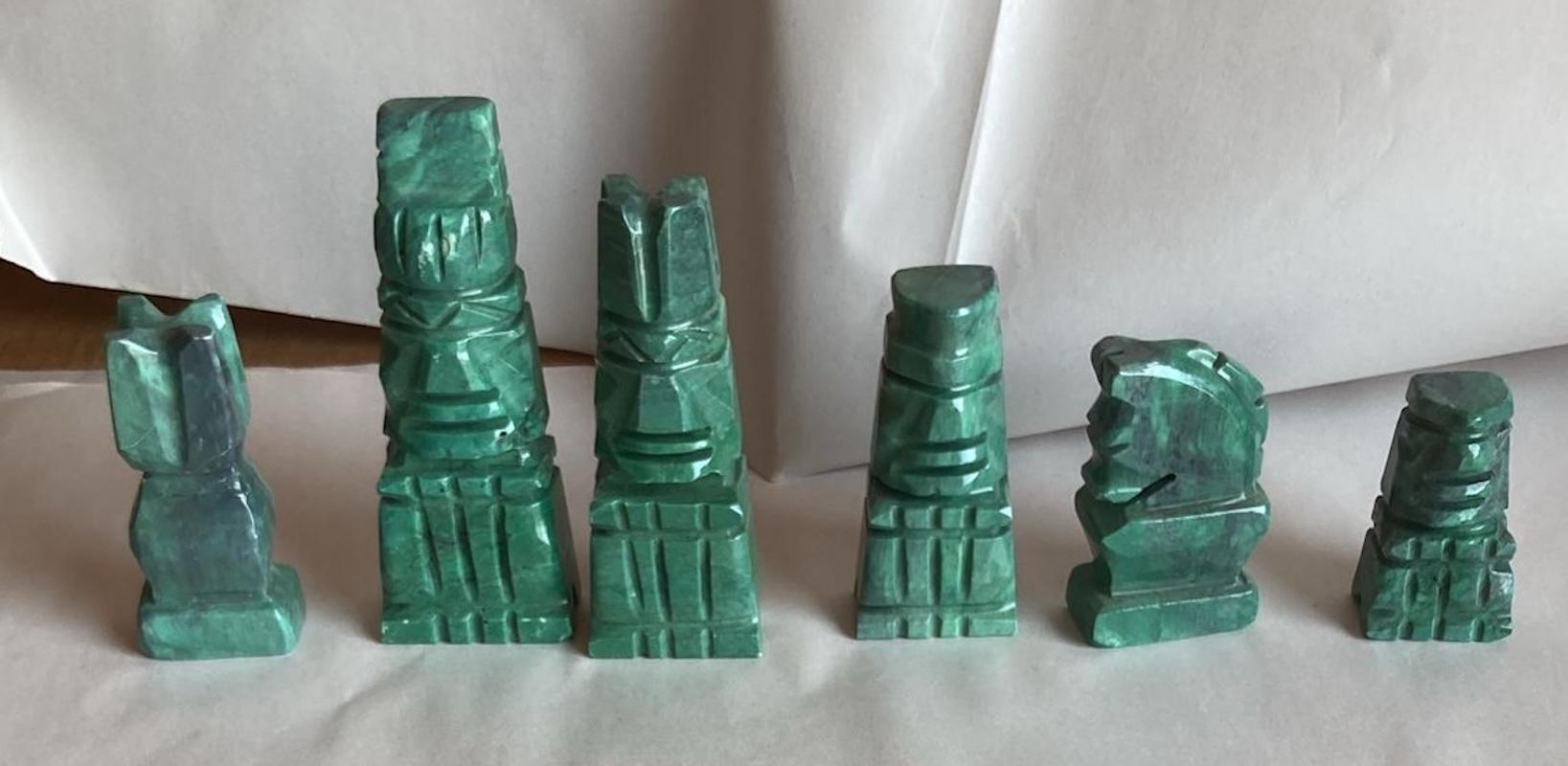 32 Large Marble Chess Set Pieces Emerald Green and Onyx Pieces 1950's 6