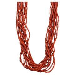 32" Multi Strand Red Coral Beaded Necklace with 14 Karat Yellow Gold Bead Clasp