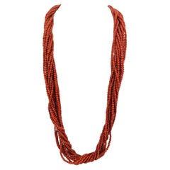 32" Multi Strand Red Coral Beaded Necklace with 14 Karat Yellow Gold Bead Clasp