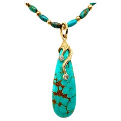 32" Necklace with Turquoise Pendant, in 14 Karat Gold with Diamond Accents