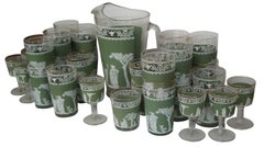 32 Pcs Vtg Jeanette Wedgwood Hellenic Green Jasperware Cocktail Glasses Pitcher