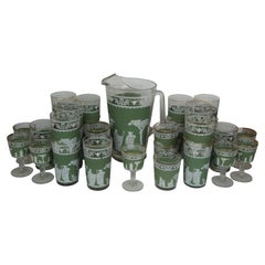 32 Pcs Vtg Jeanette Wedgwood Hellenic Green Jasperware Cocktail Glasses Pitcher