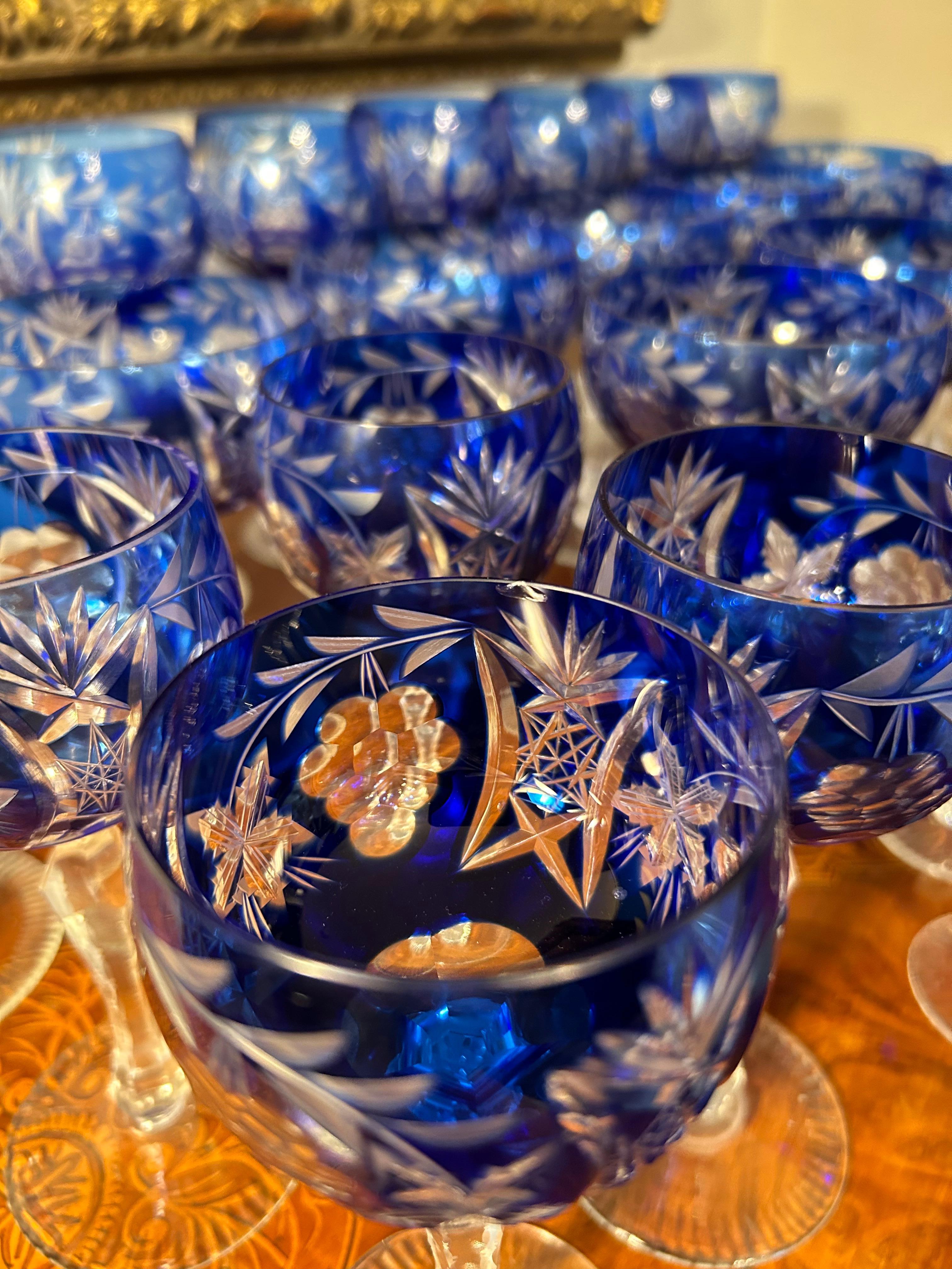 Engraved 32 Piece Cobalt Bohemian Glass Stemware Set