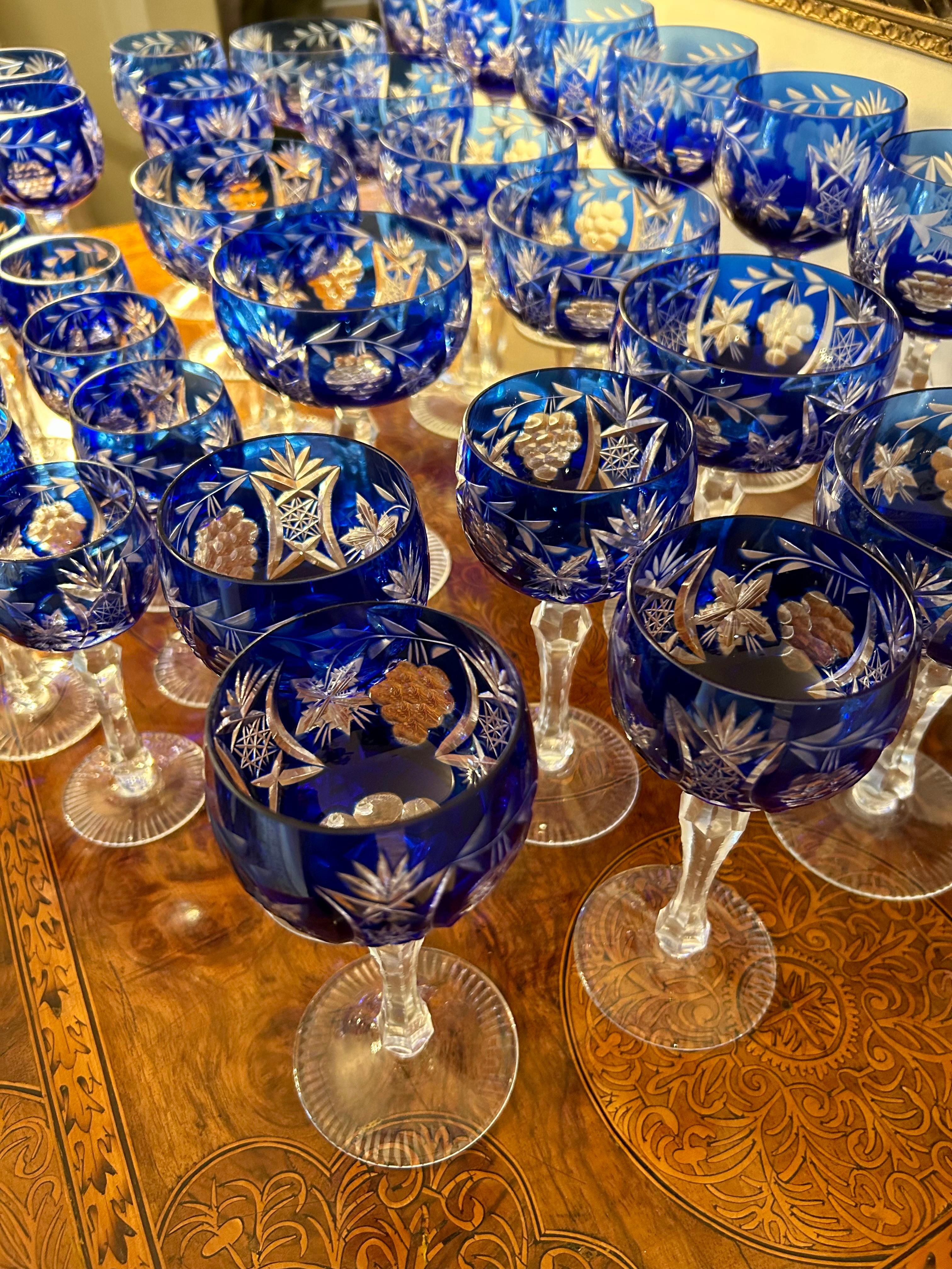 32 Piece Cobalt Bohemian Glass Stemware Set In Good Condition In Toronto, CA