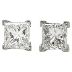 3.2 TCW Princess Cut Diamond Stud Earrings in 18k White Gold