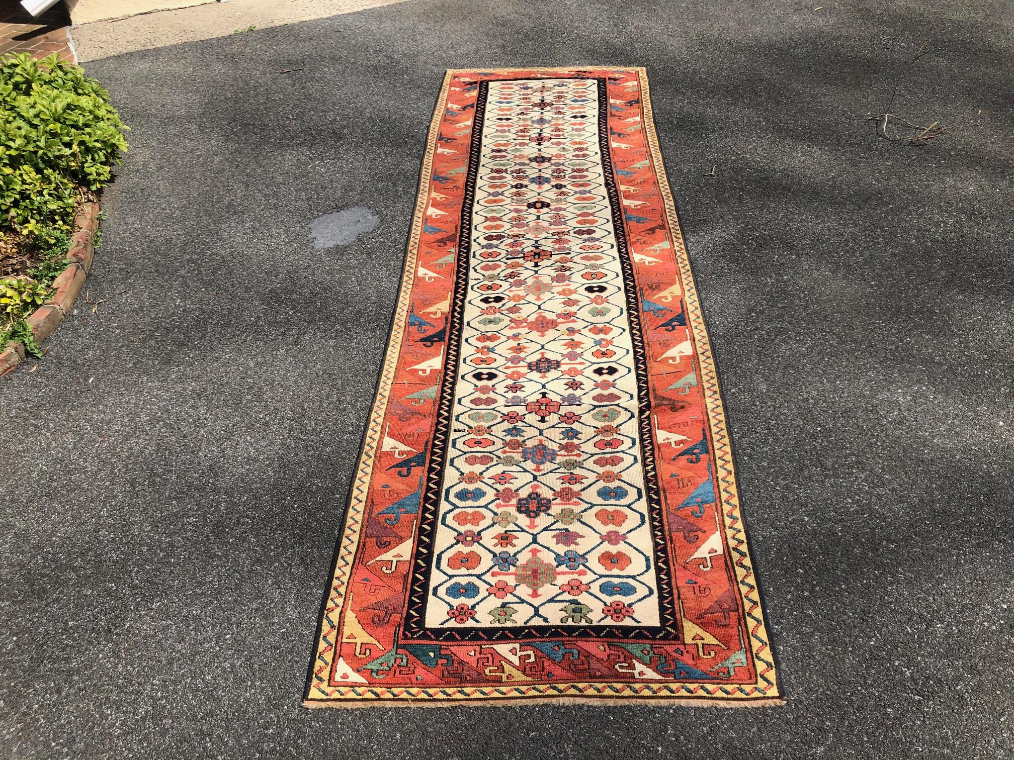 3'2'' x 10'6'' Antique Caucasian Moghan Kazak Runner Rug, Ca 1800 For Sale 6