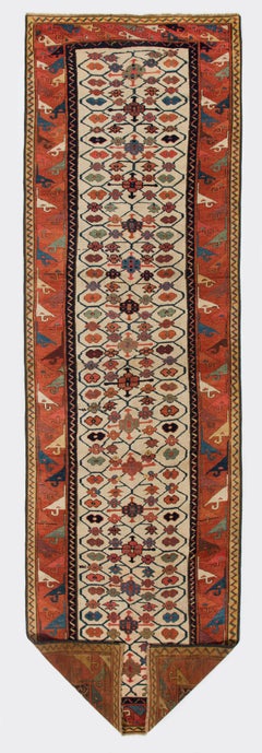 3'2'' x 10'6'' Antique Caucasian Moghan Kazak Runner Rug, Ca 1800