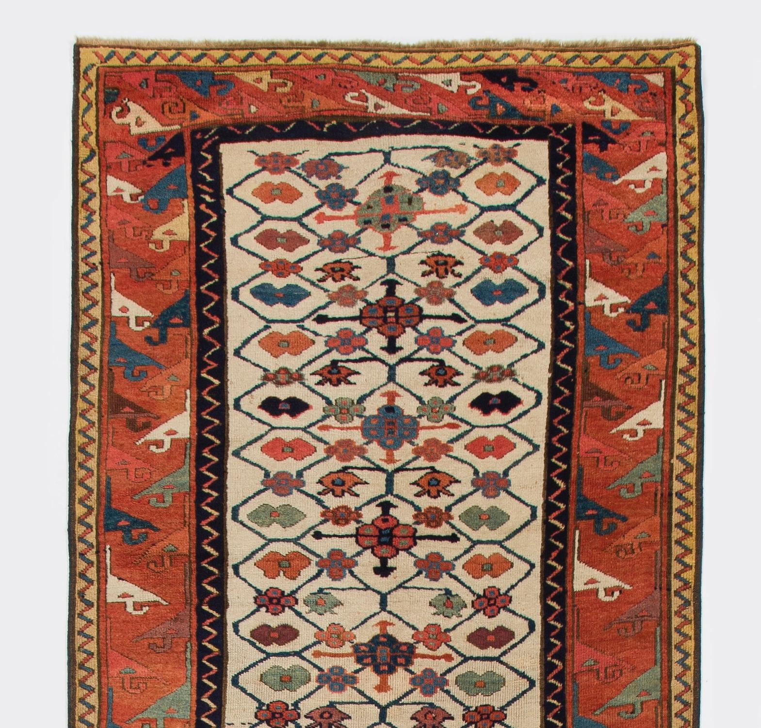 Hand-Knotted 3'2'' x 10'6'' Antique Caucasian Moghan Kazak Runner Rug. Ca 1800 For Sale