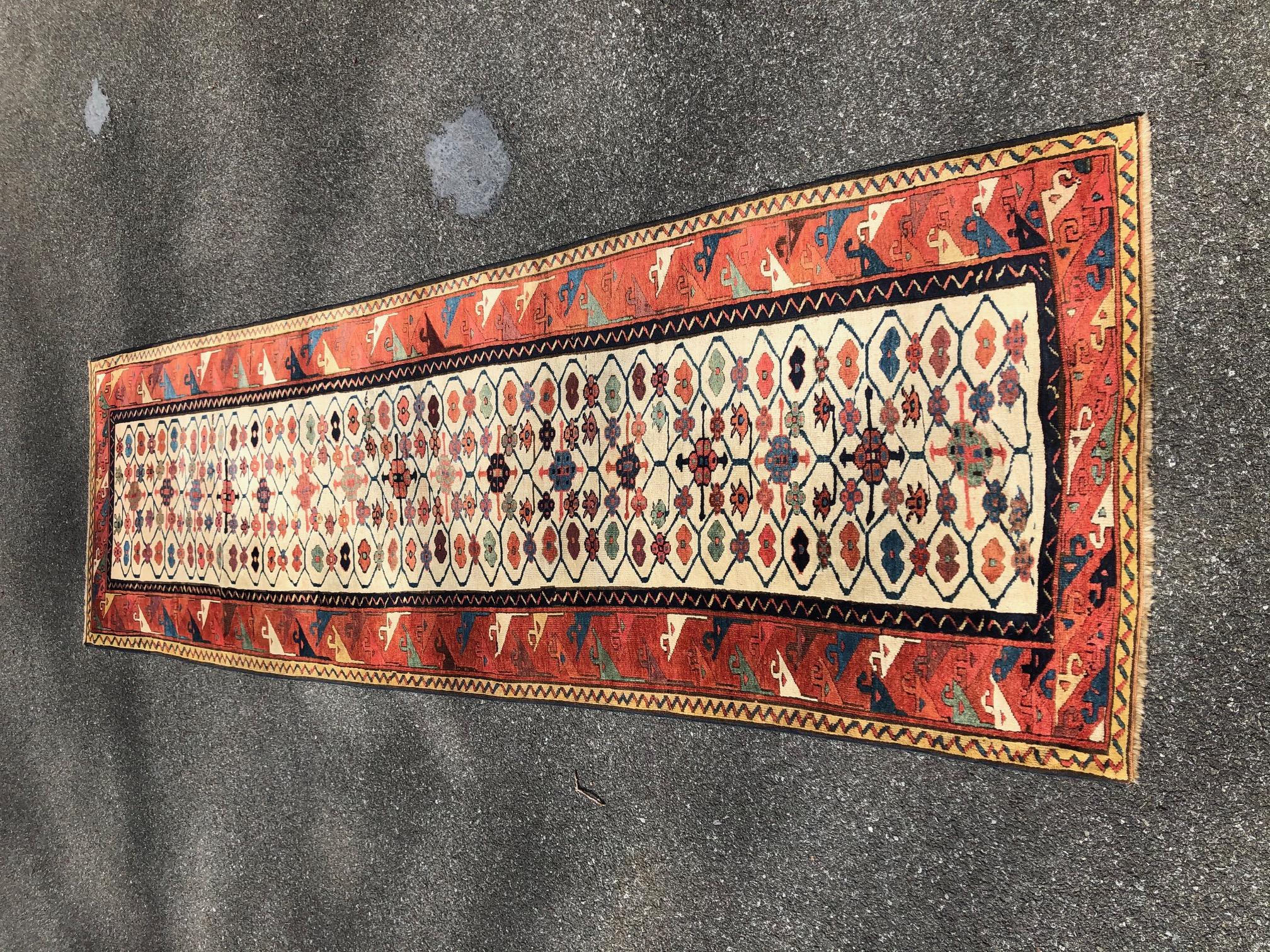 3'2'' x 10'6'' Antique Caucasian Moghan Kazak Runner Rug, Ca 1800 For Sale 3