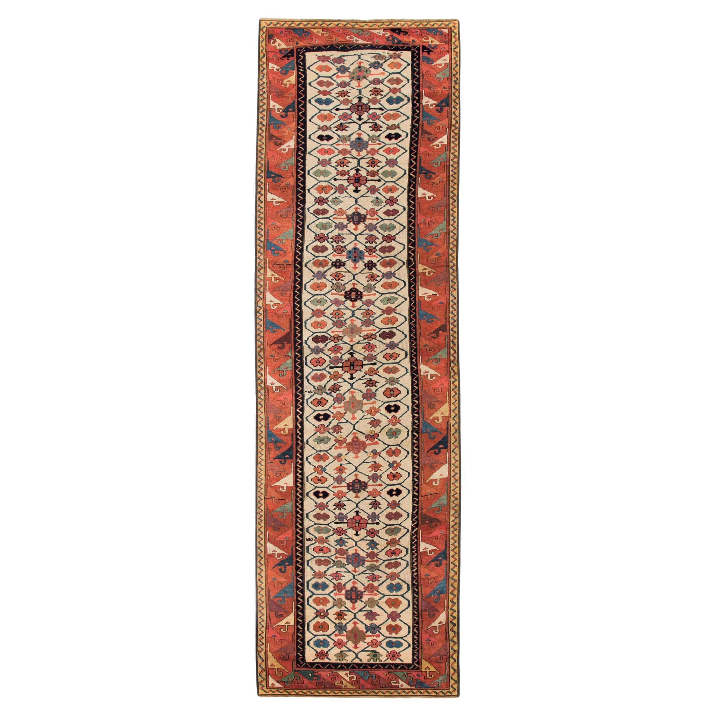 3'2'' x 10'6'' Antique Caucasian Moghan Kazak Runner Rug. Ca 1800