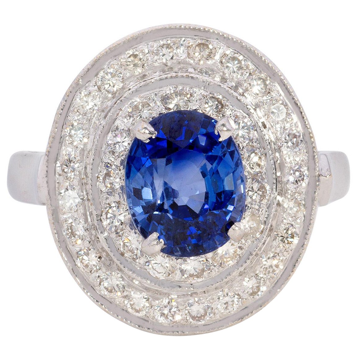 3.20 Carat Blue Sapphire Diamond Cluster Ring in 18K Gold