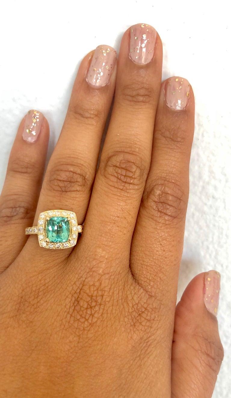 3.20 Carat Cushion Cut Apatite Diamond 14 Karat Yellow Gold Engagement Ring In New Condition In Los Angeles, CA